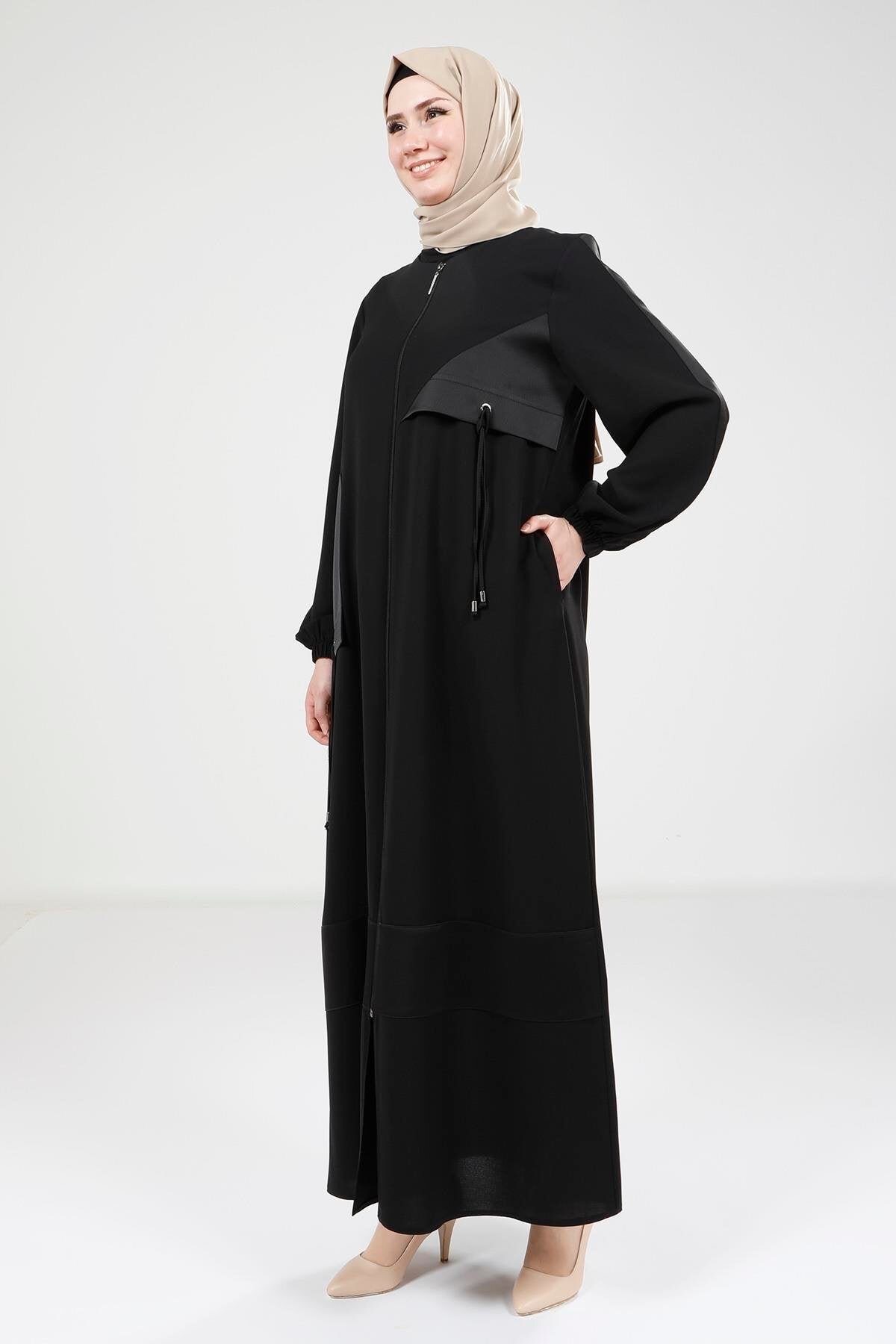 Satin-Trimmed Abaya - Black - Beyza
