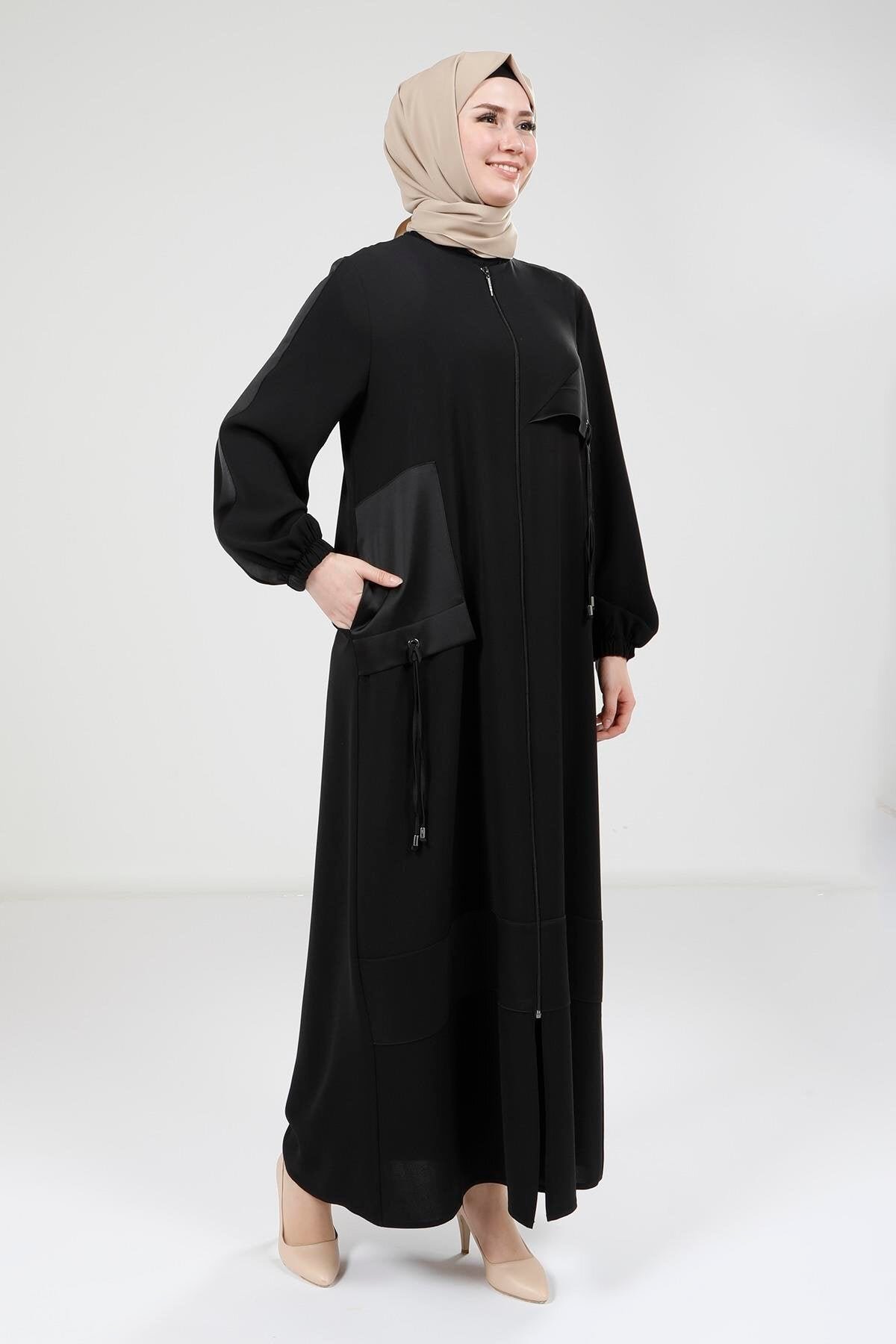Satin-Trimmed Abaya - Black - Beyza