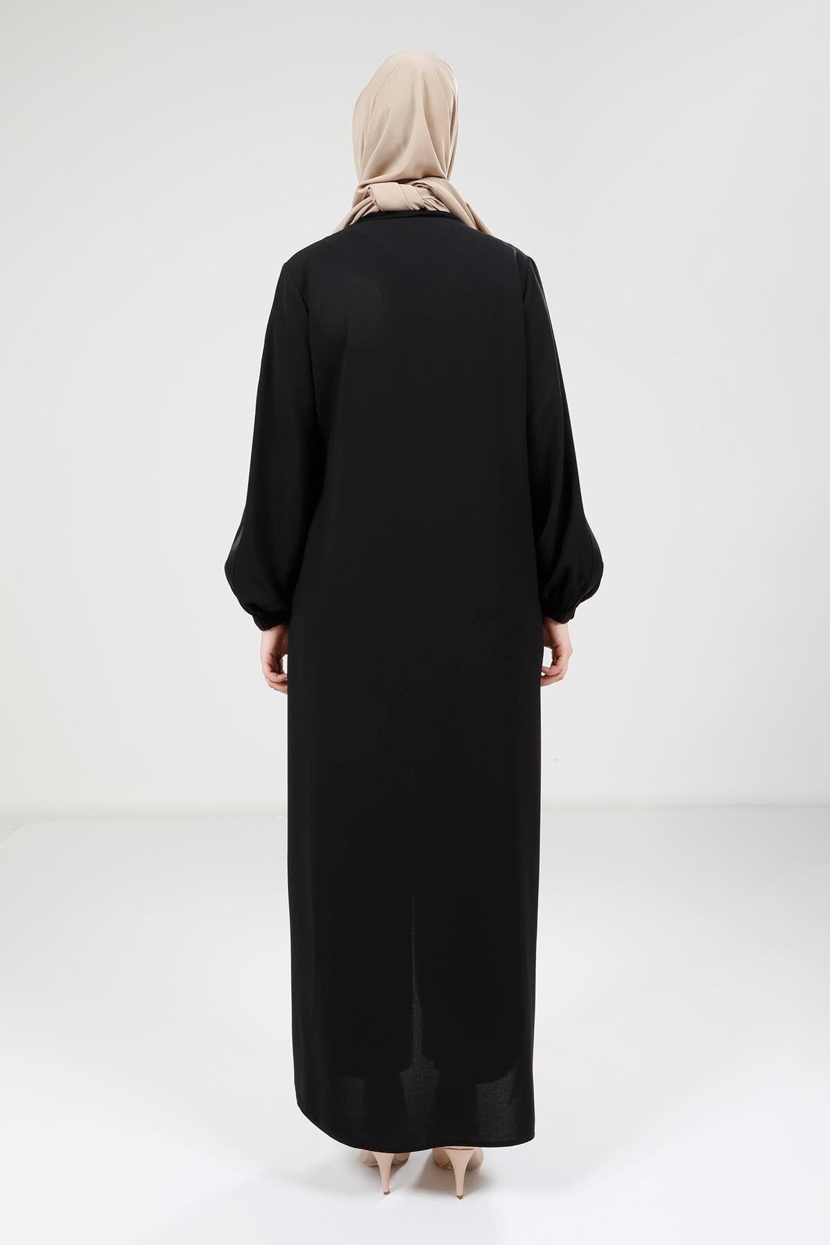 Satin-Trimmed Abaya - Black - Beyza