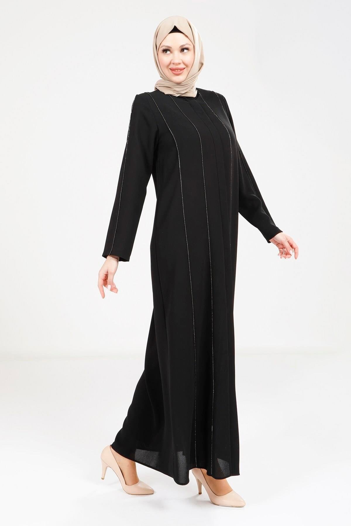 Stone-Detailed Ribbon Abaya - Black - Beyza