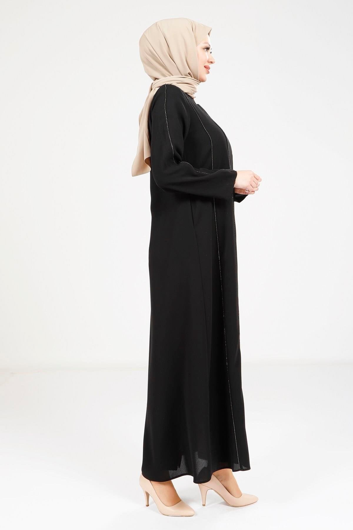 Stone-Detailed Ribbon Abaya - Black - Beyza