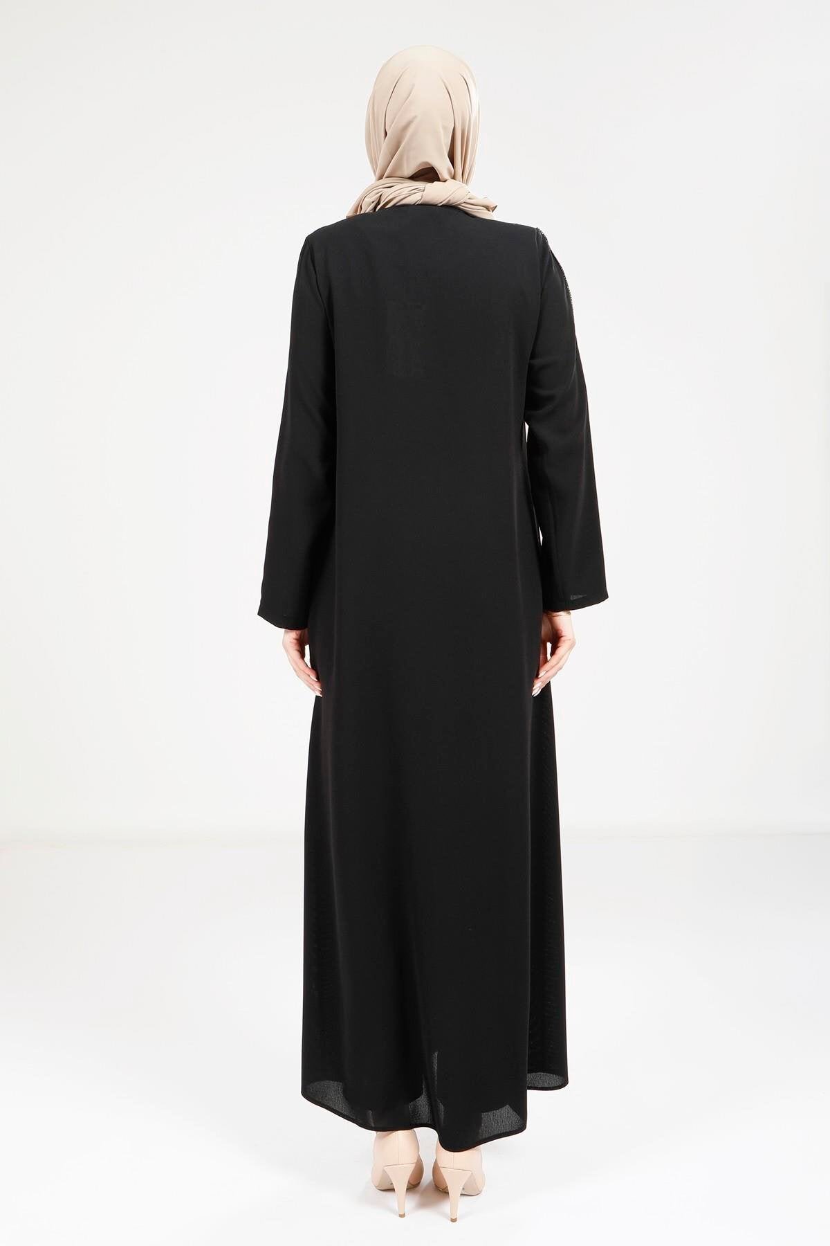 Stone-Detailed Ribbon Abaya - Black - Beyza