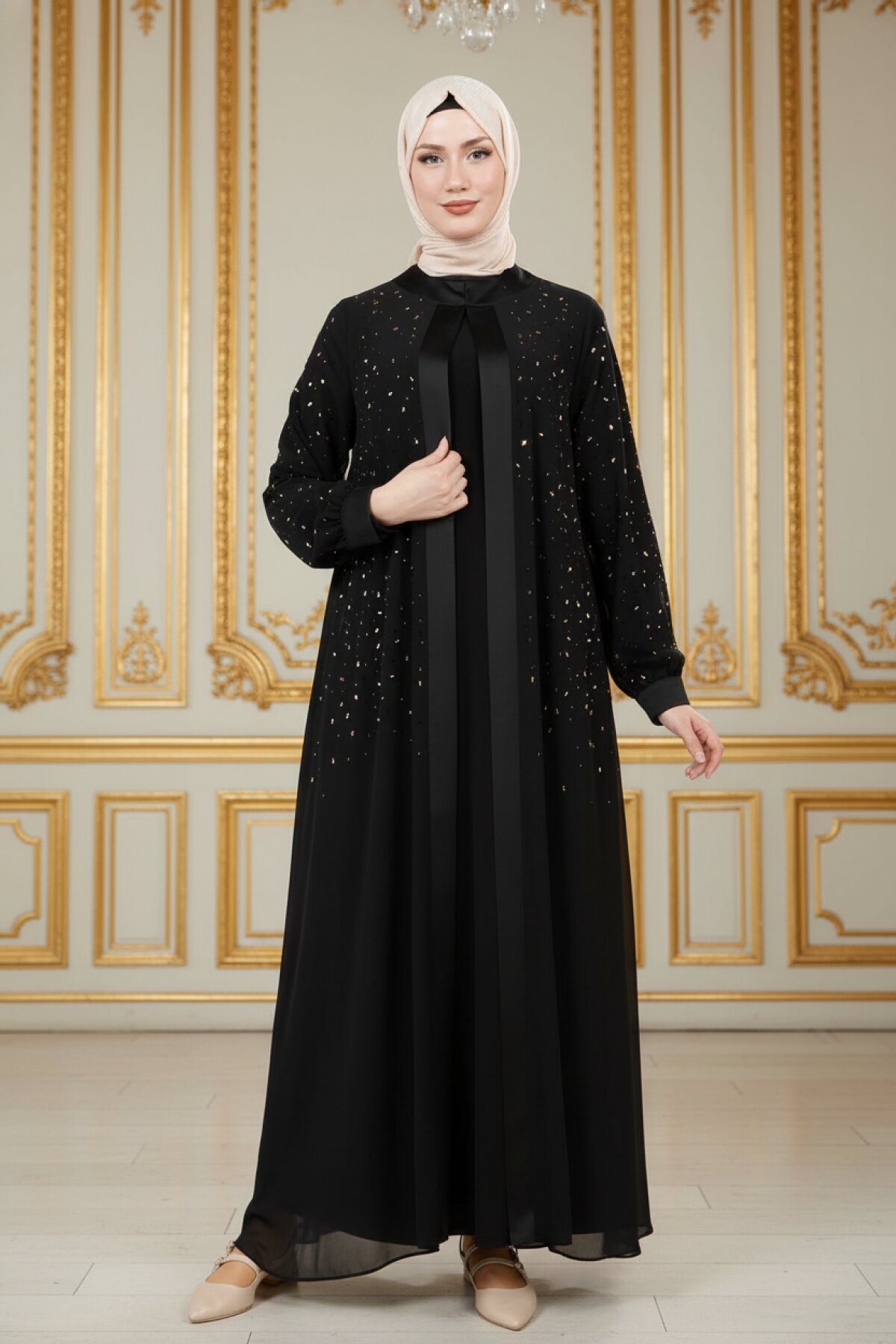Chiffon Stone-Detailed Abaya Set - Black - Beyza