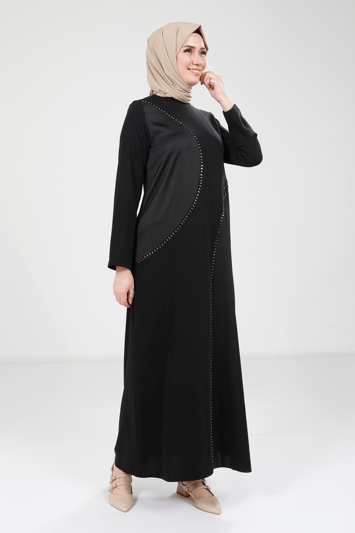 Stone-Detail Modest Dress - Black - Beyza