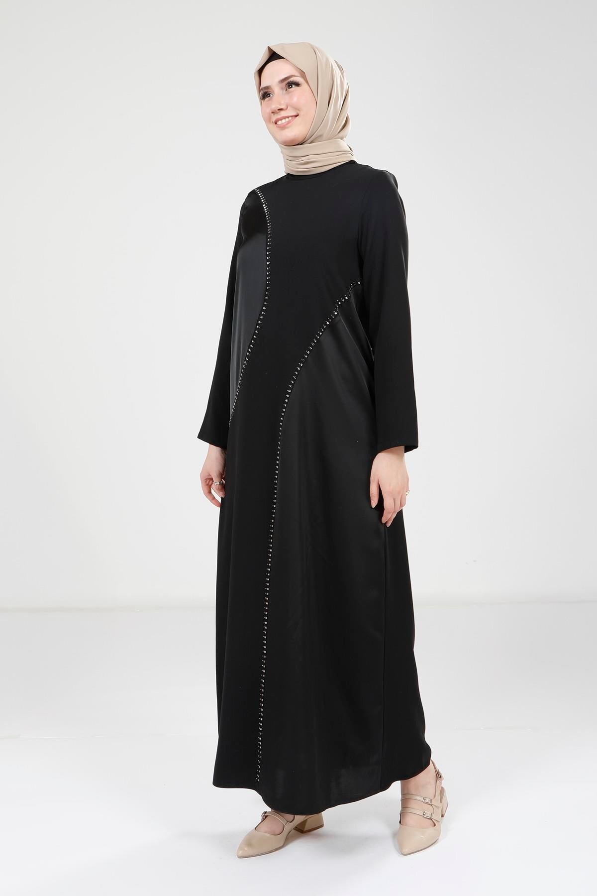 Stone-Detail Modest Dress - Black - Beyza