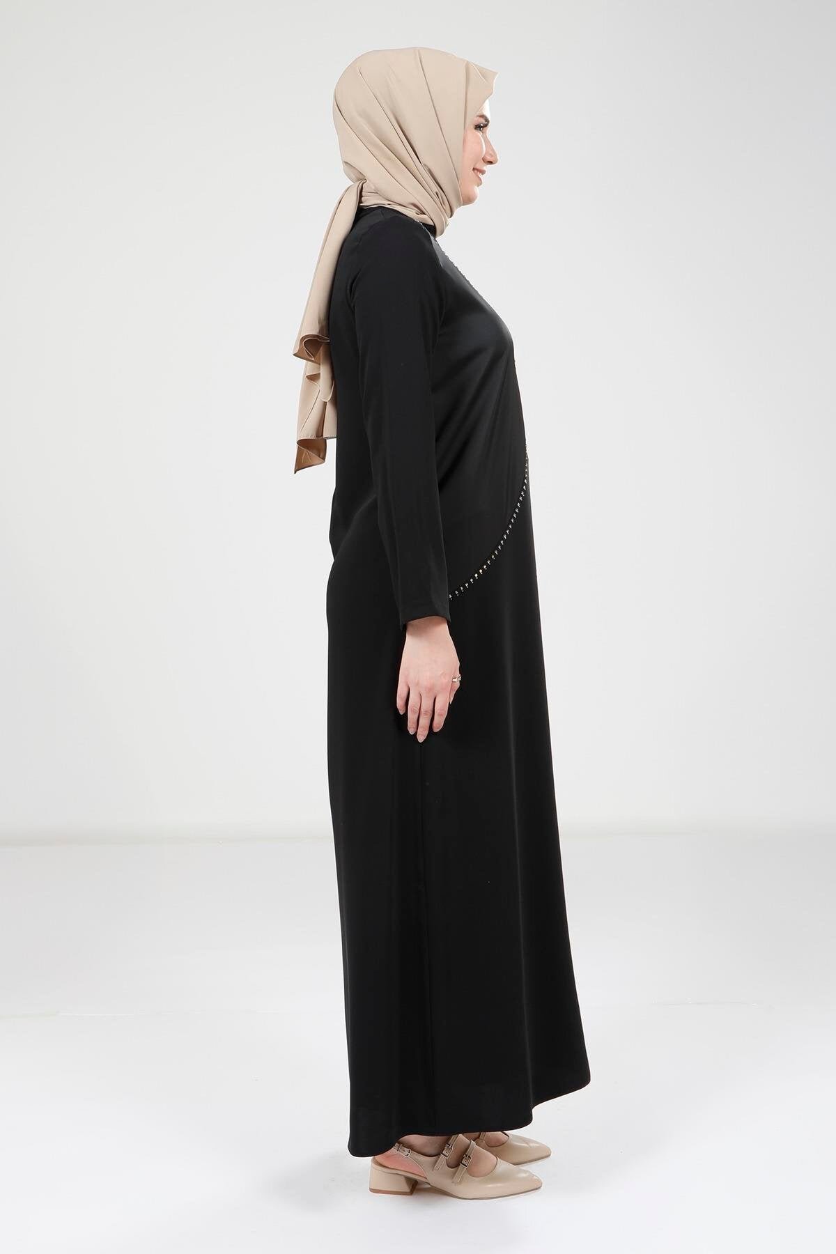 Stone-Detail Modest Dress - Black - Beyza