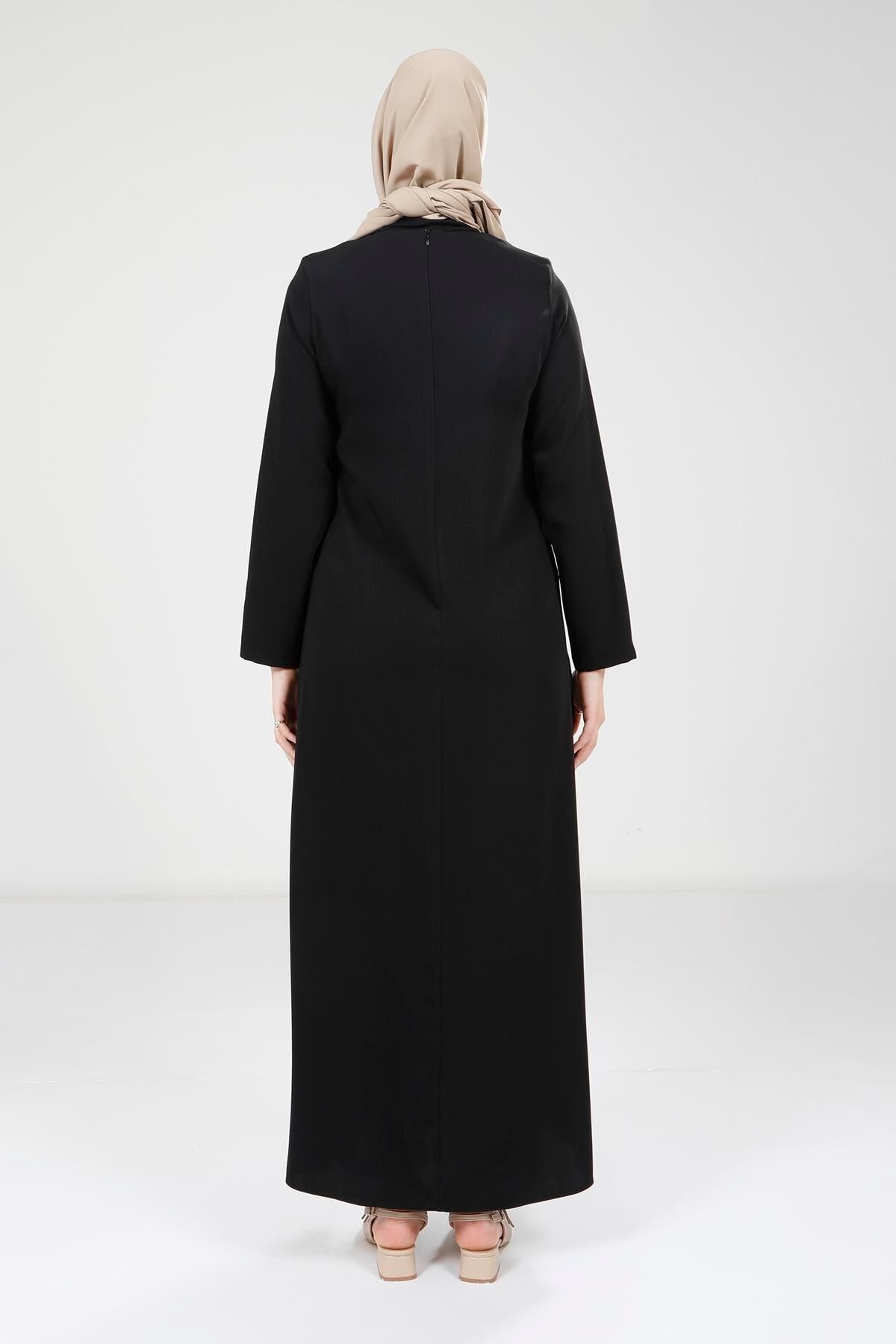 Stone-Detail Modest Dress - Black - Beyza