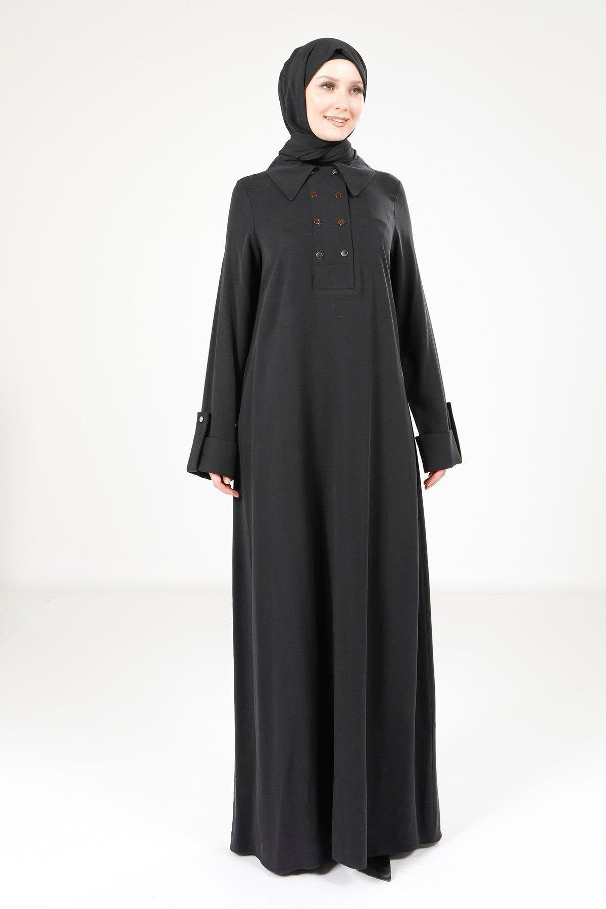 Button-Detail Modest Dress - Black - Beyza