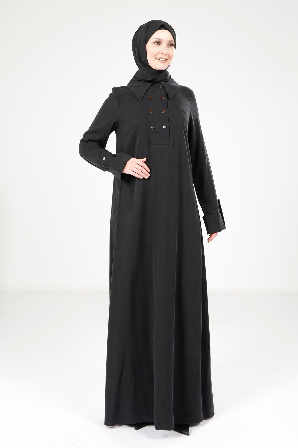 Button-Detail Modest Dress - Black - Beyza