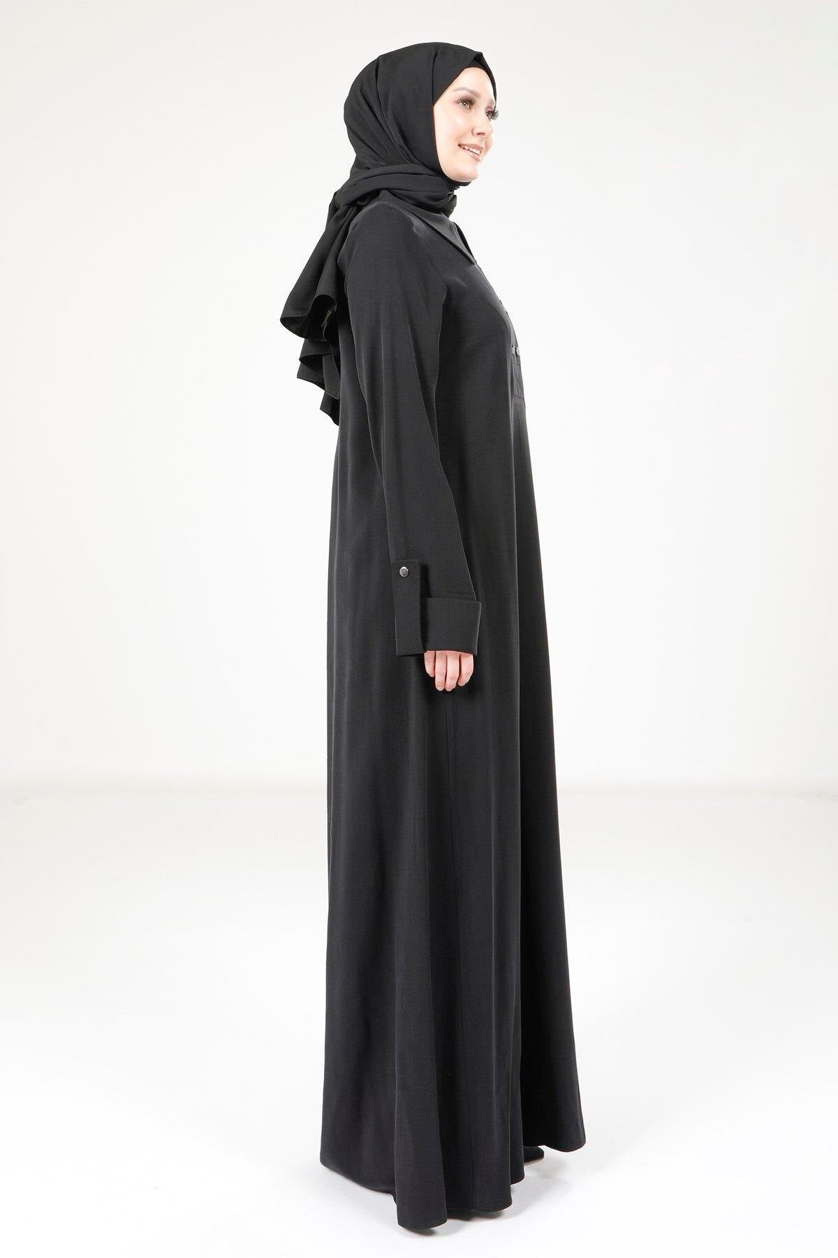 Button-Detail Modest Dress - Black - Beyza