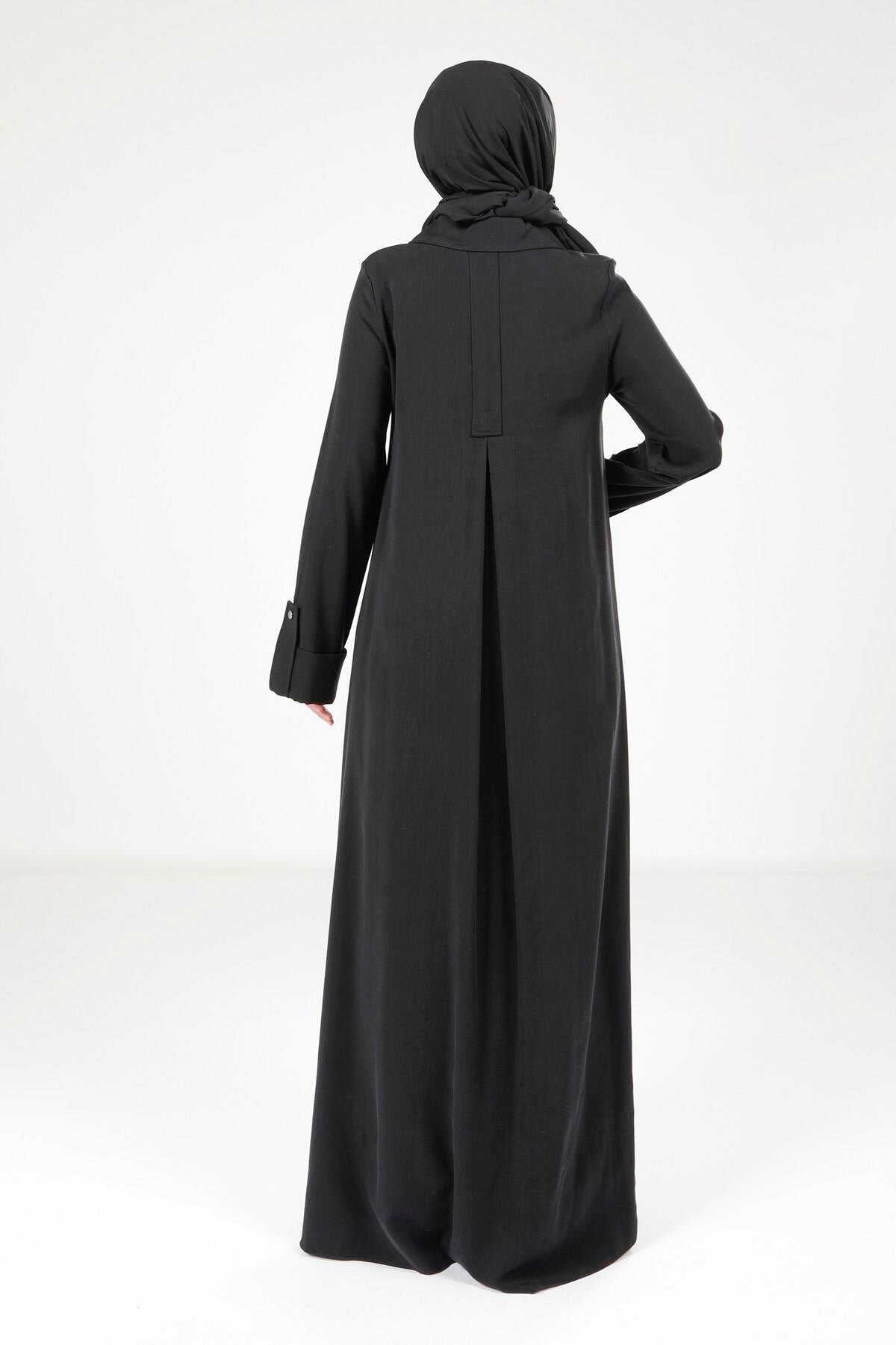 Button-Detail Modest Dress - Black - Beyza