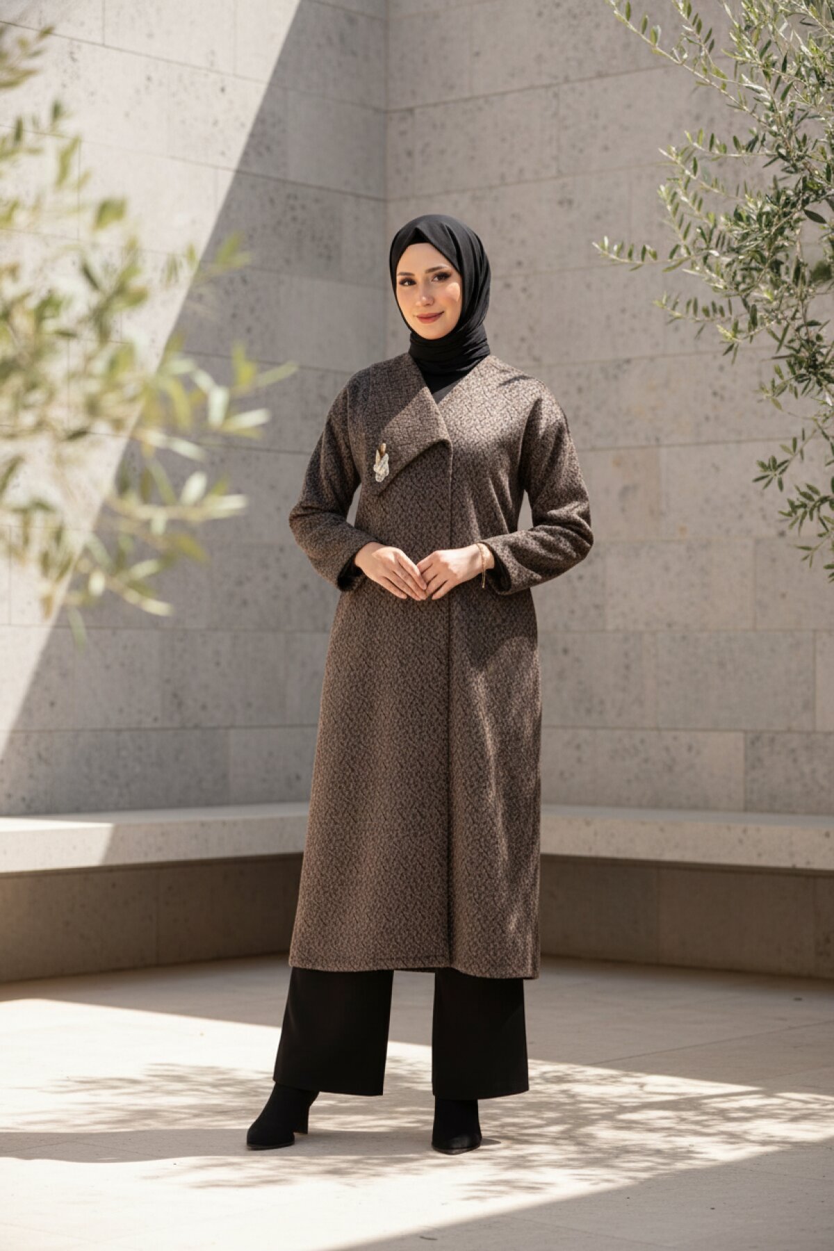 Patterned Cowl-Neck Winter Coat - Mink - Beyza
