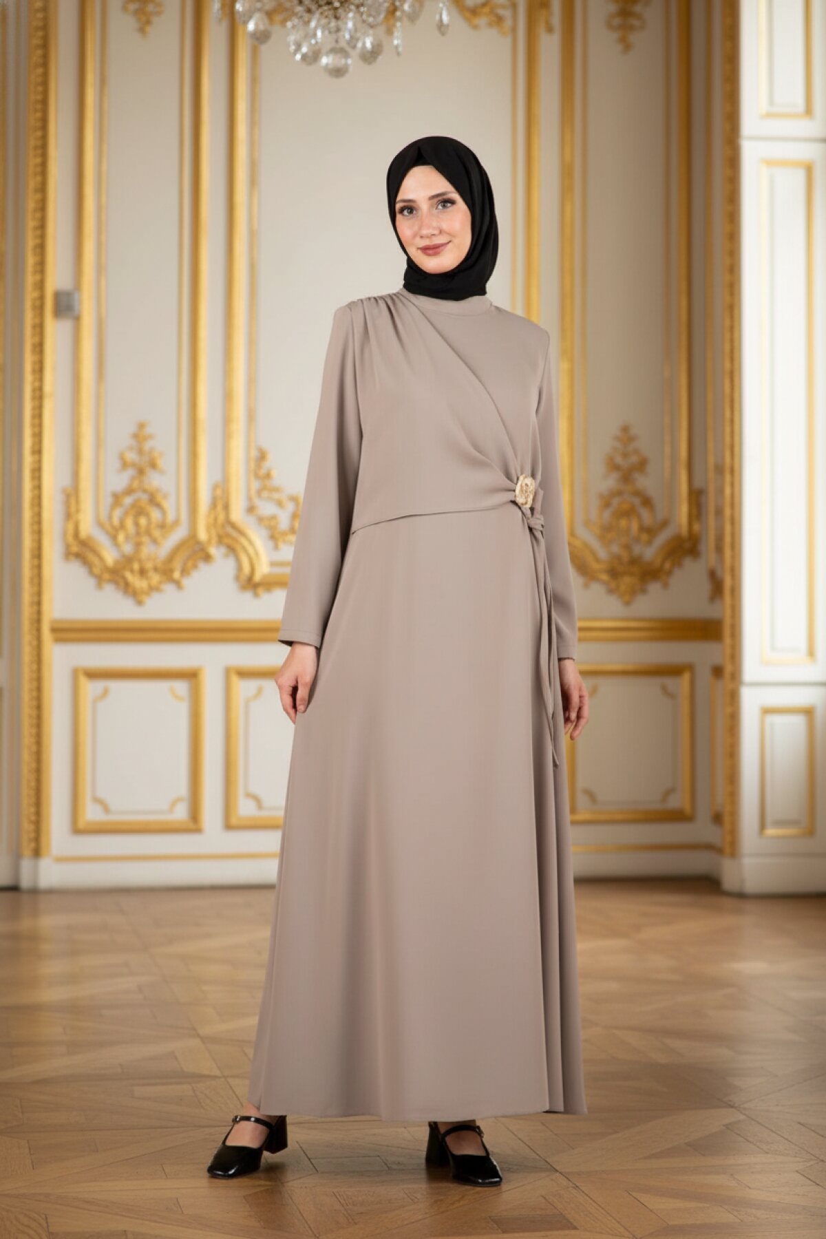 Buckle-Detail Modest Dress - Mink - Beyza