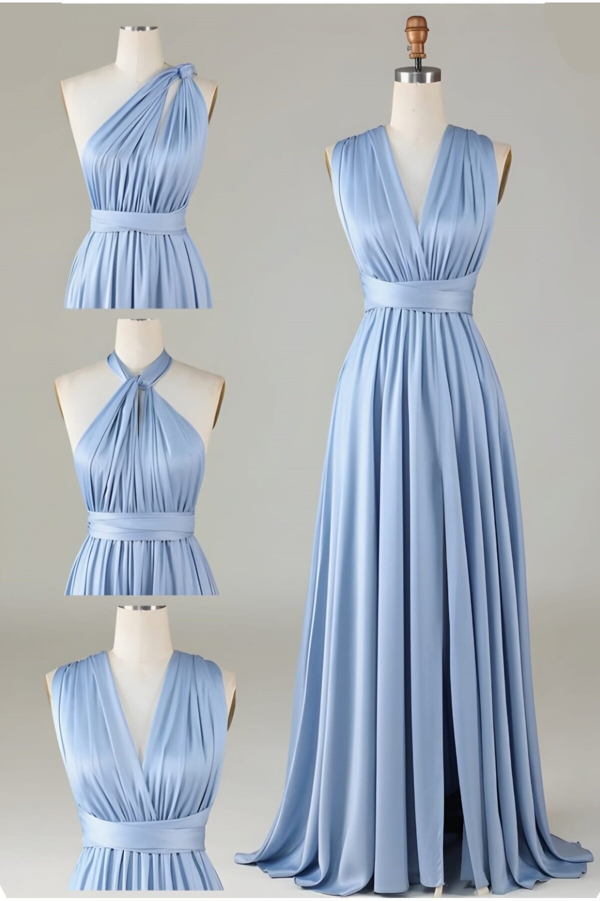 Long Flare Tie-Collar Evening Dress - Blue - Charango