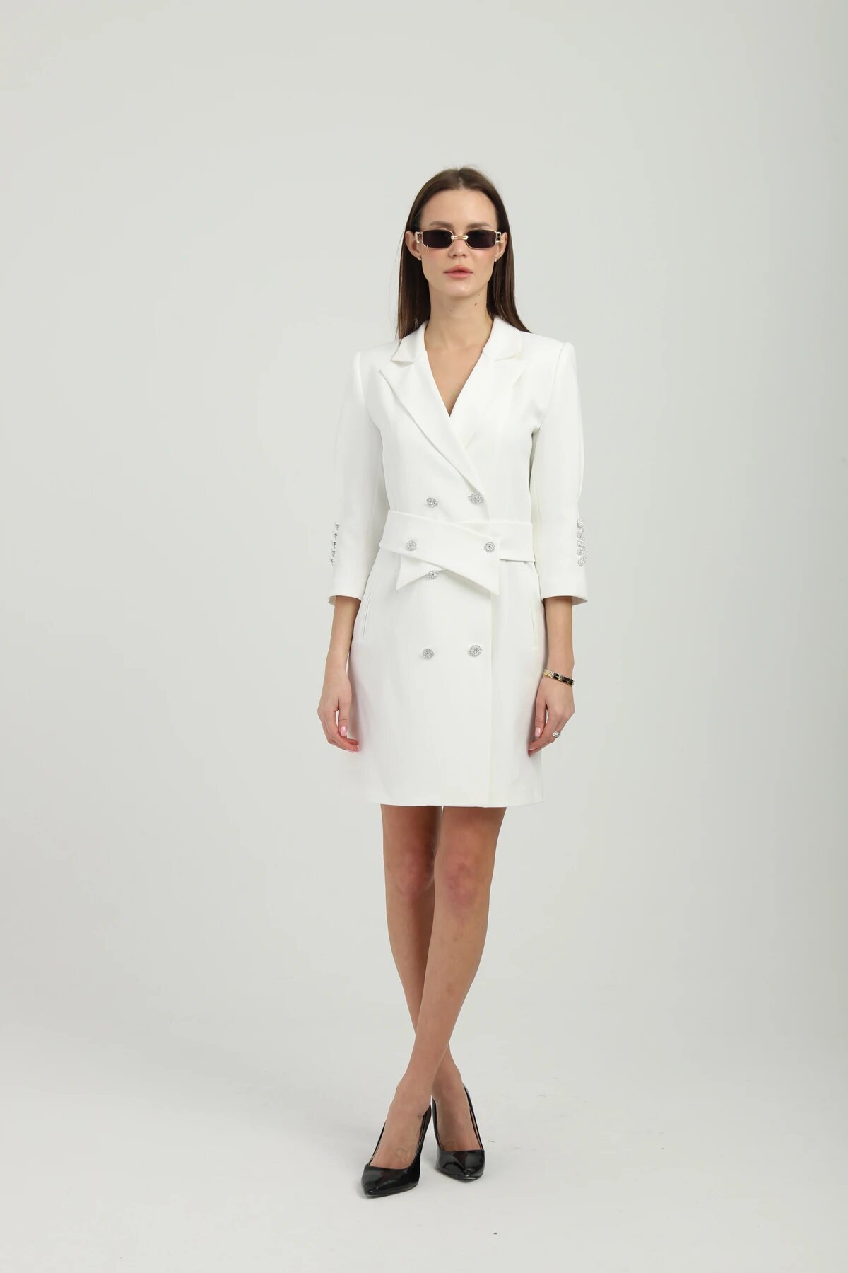 Mini Double-Breasted Belted Jacket Dress - White - Genel Markalar