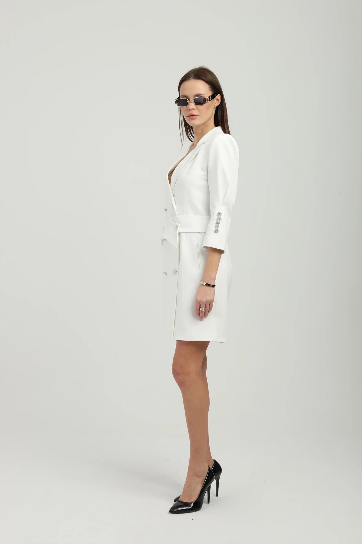 Mini Double-Breasted Belted Jacket Dress - White - Genel Markalar