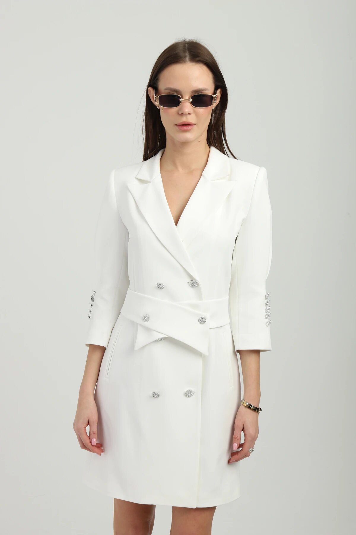 Mini Double-Breasted Belted Jacket Dress - White - Genel Markalar