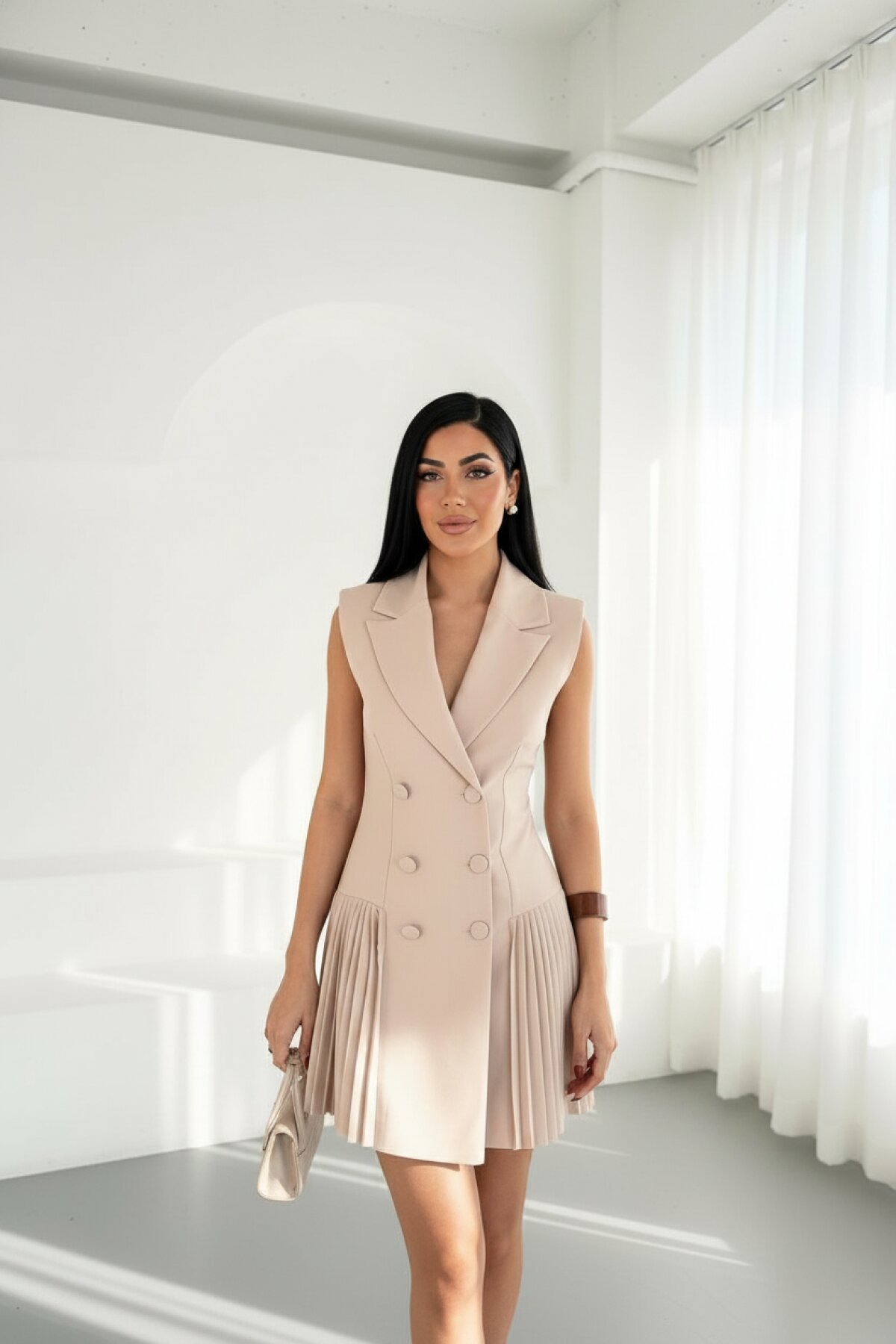 Mini Patterned Pleated Jacket Dress - Beige - Milamia