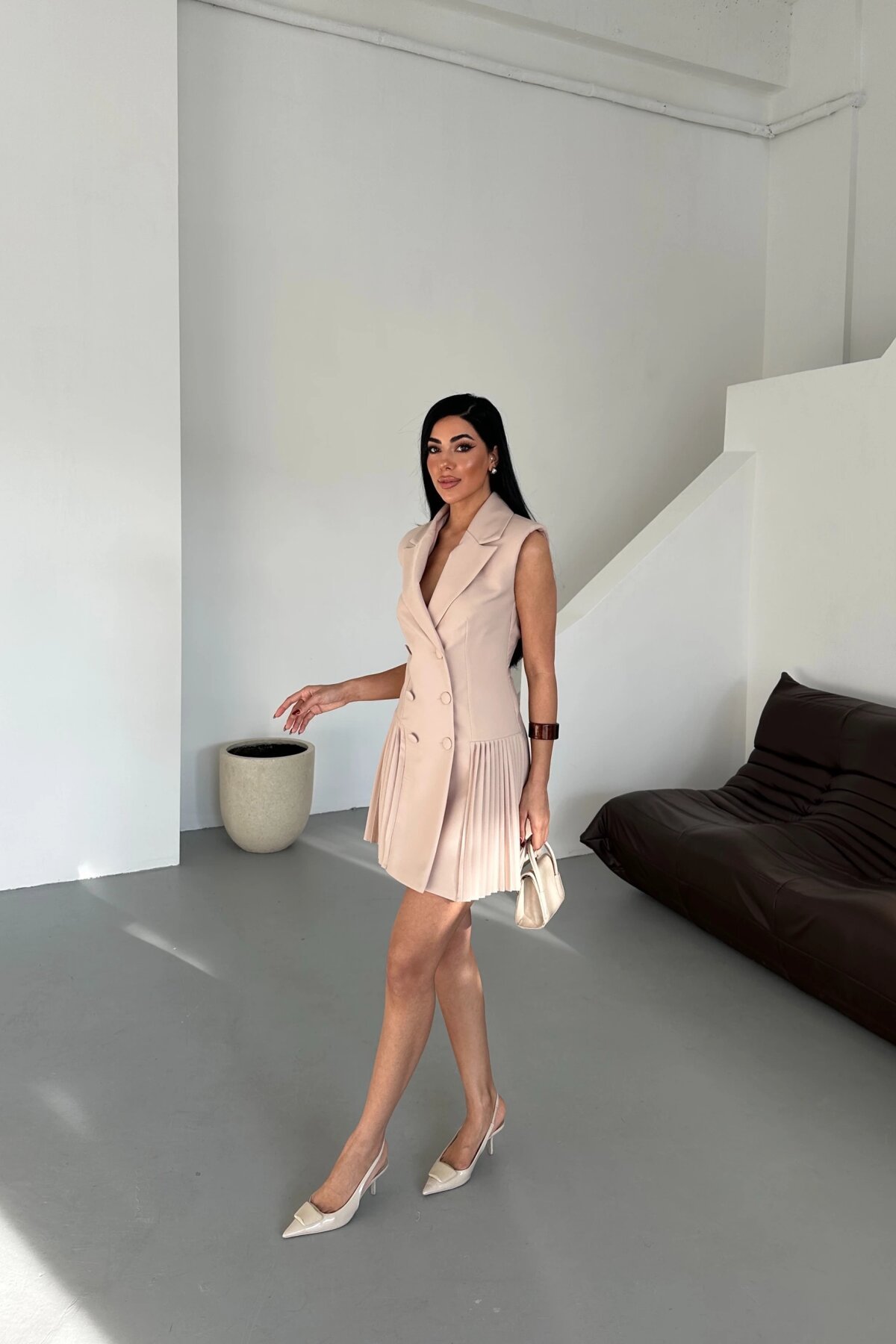 Mini Patterned Pleated Jacket Dress - Beige - Milamia