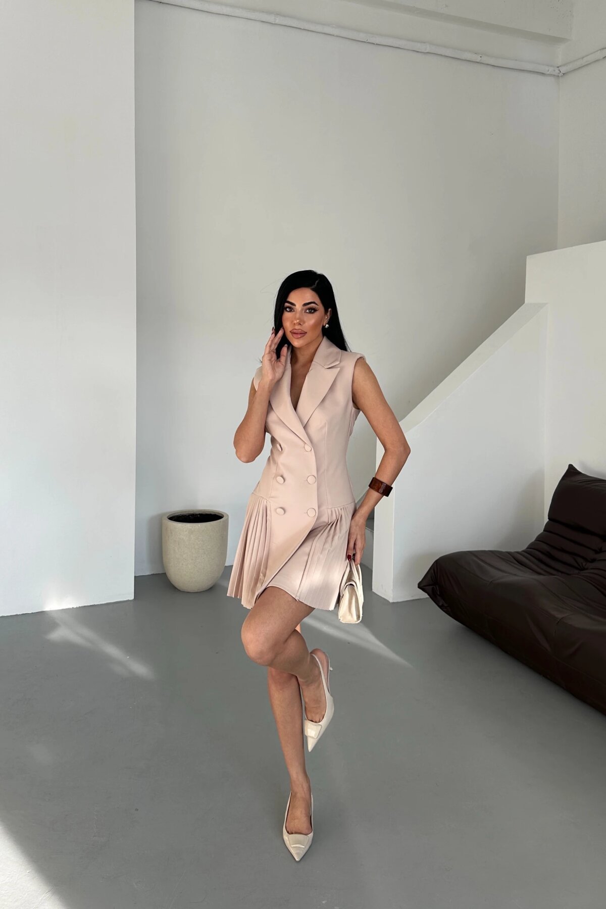 Mini Patterned Pleated Jacket Dress - Beige - Milamia