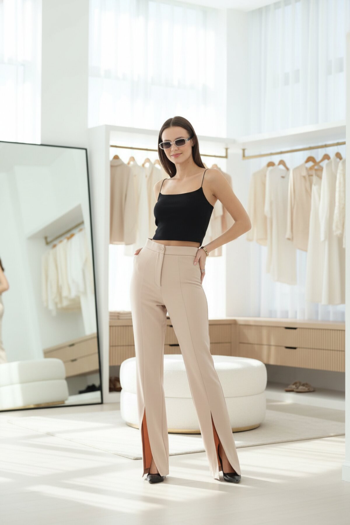 High-Waist Wide-Leg Slit-Detail Pants - Beige - Milamia
