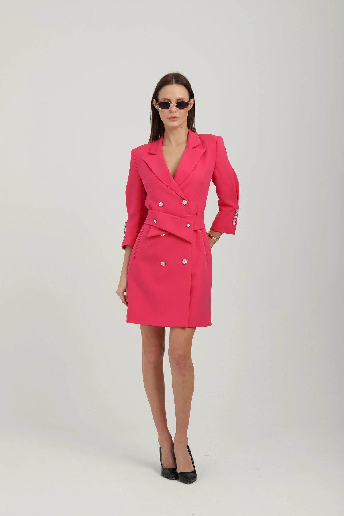 Double-Breasted Fuchsia Belted Jacket Dress - Milamia