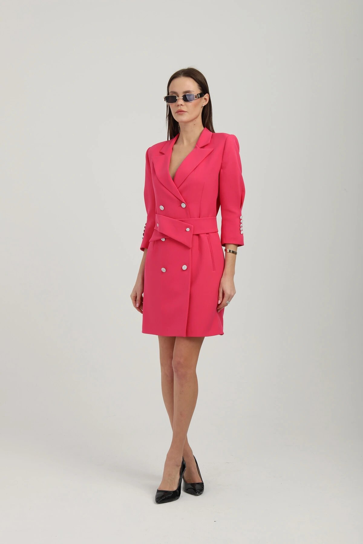 Double-Breasted Fuchsia Belted Jacket Dress - Milamia