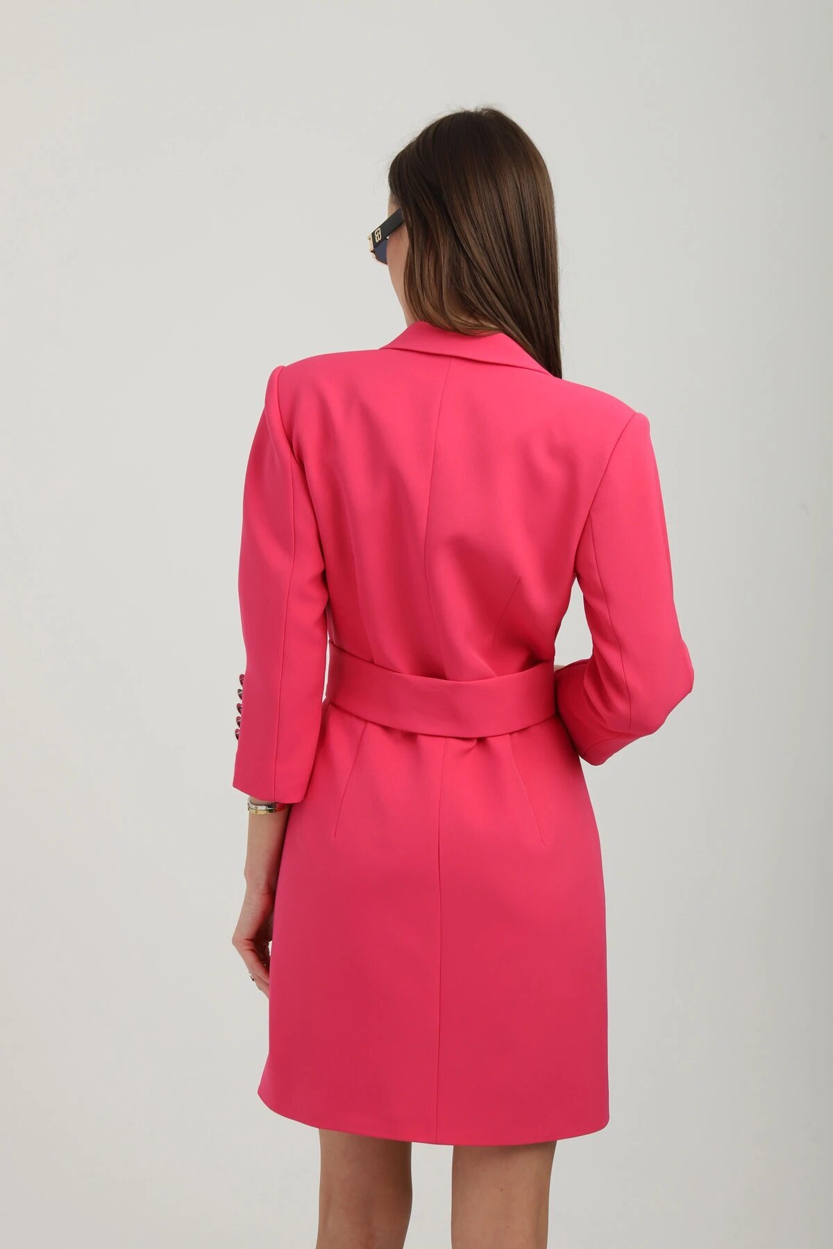 Double-Breasted Fuchsia Belted Jacket Dress - Milamia