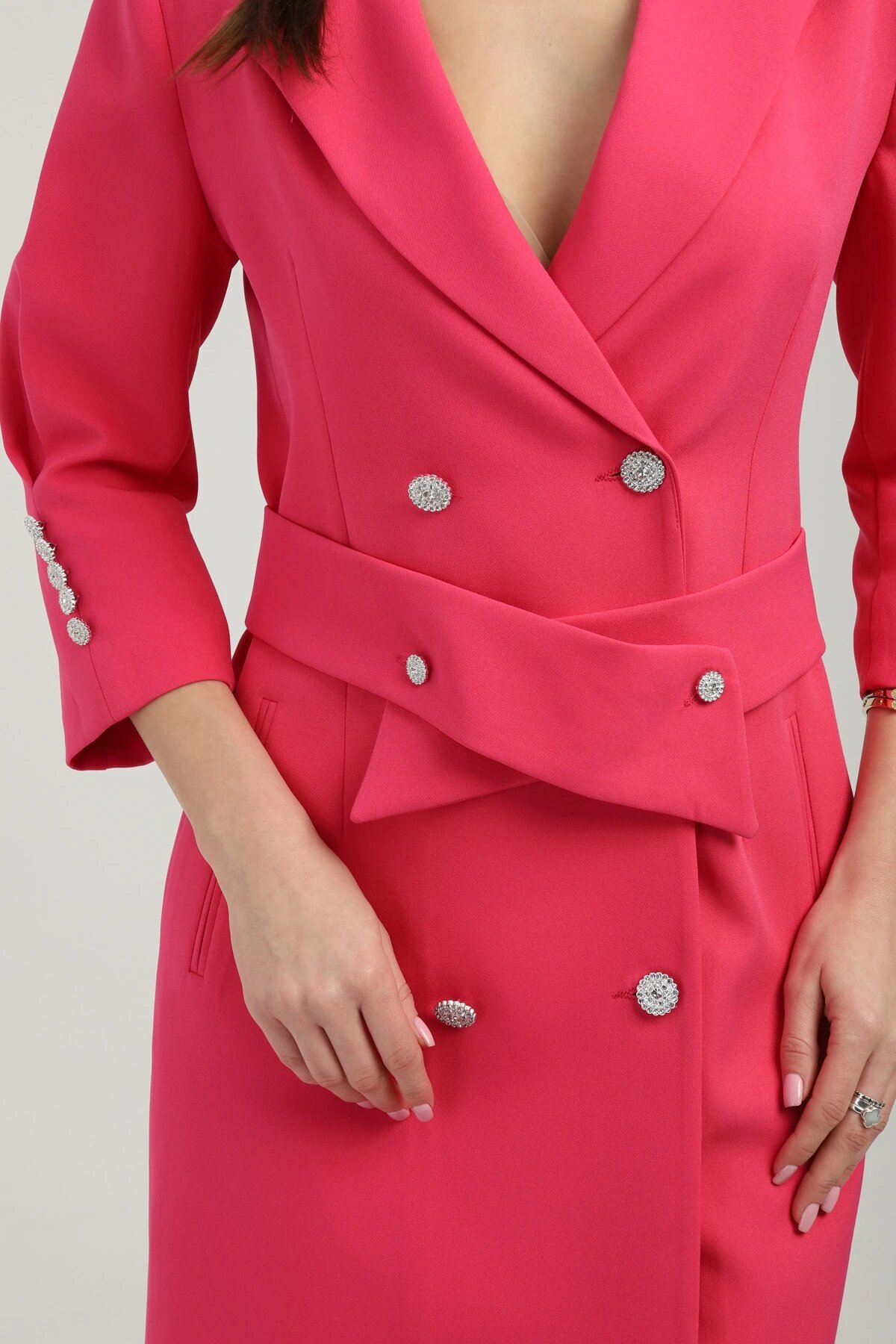Double-Breasted Fuchsia Belted Jacket Dress - Milamia