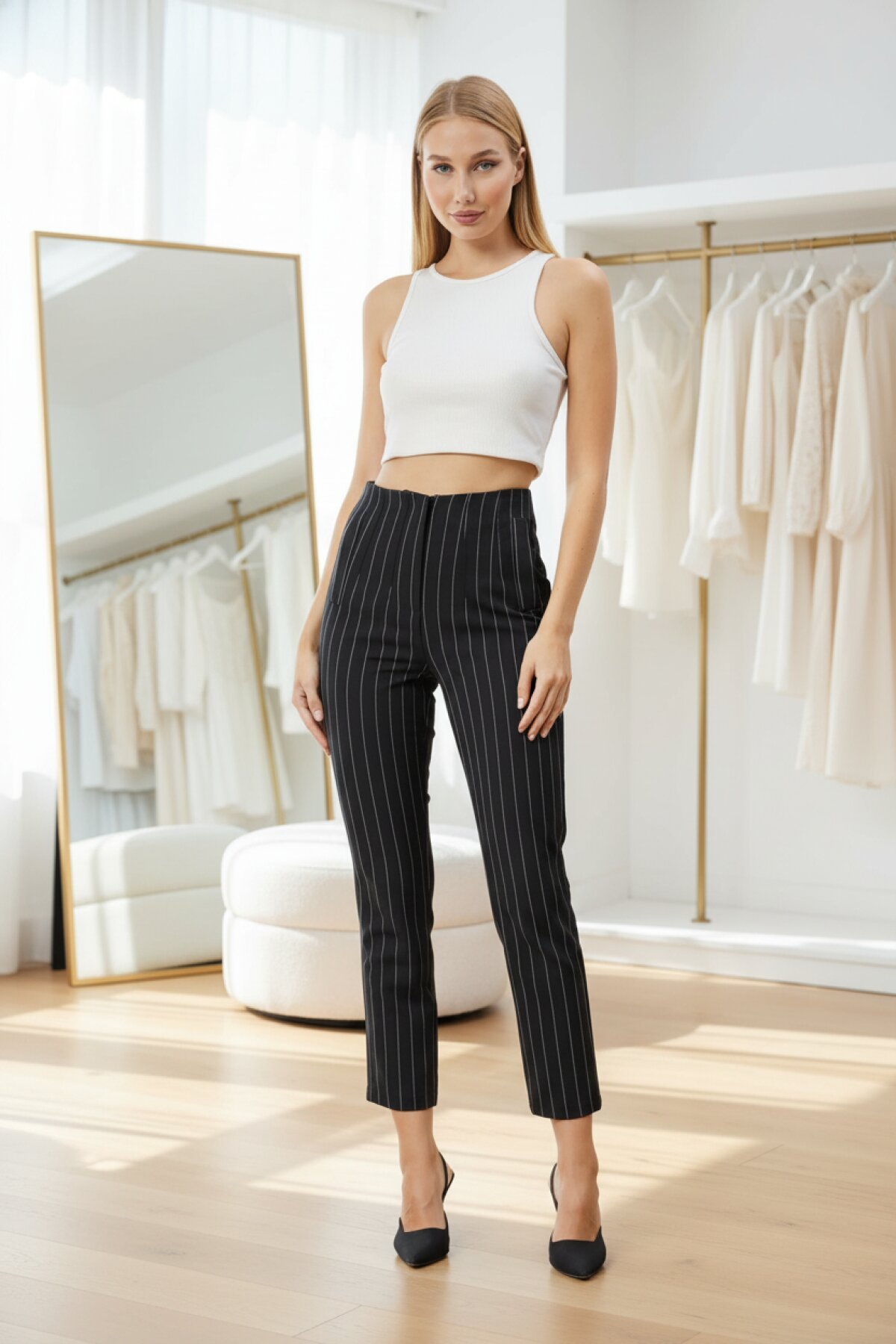 Ankle-Length Striped Pocket-Detail Pants - Black - Milamia