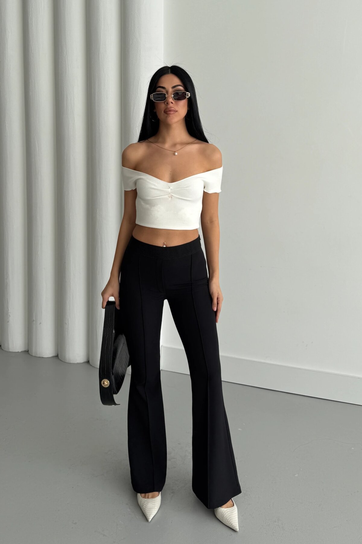 Flare Leg Elastic Waist Stitched Pants - Black - Milamia