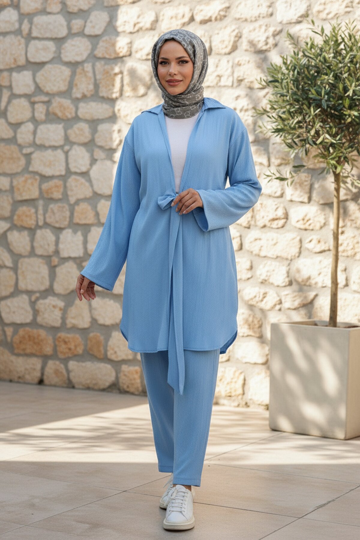 Tie-Detail Kimono Modest Set - Baby Blue - Misskayle