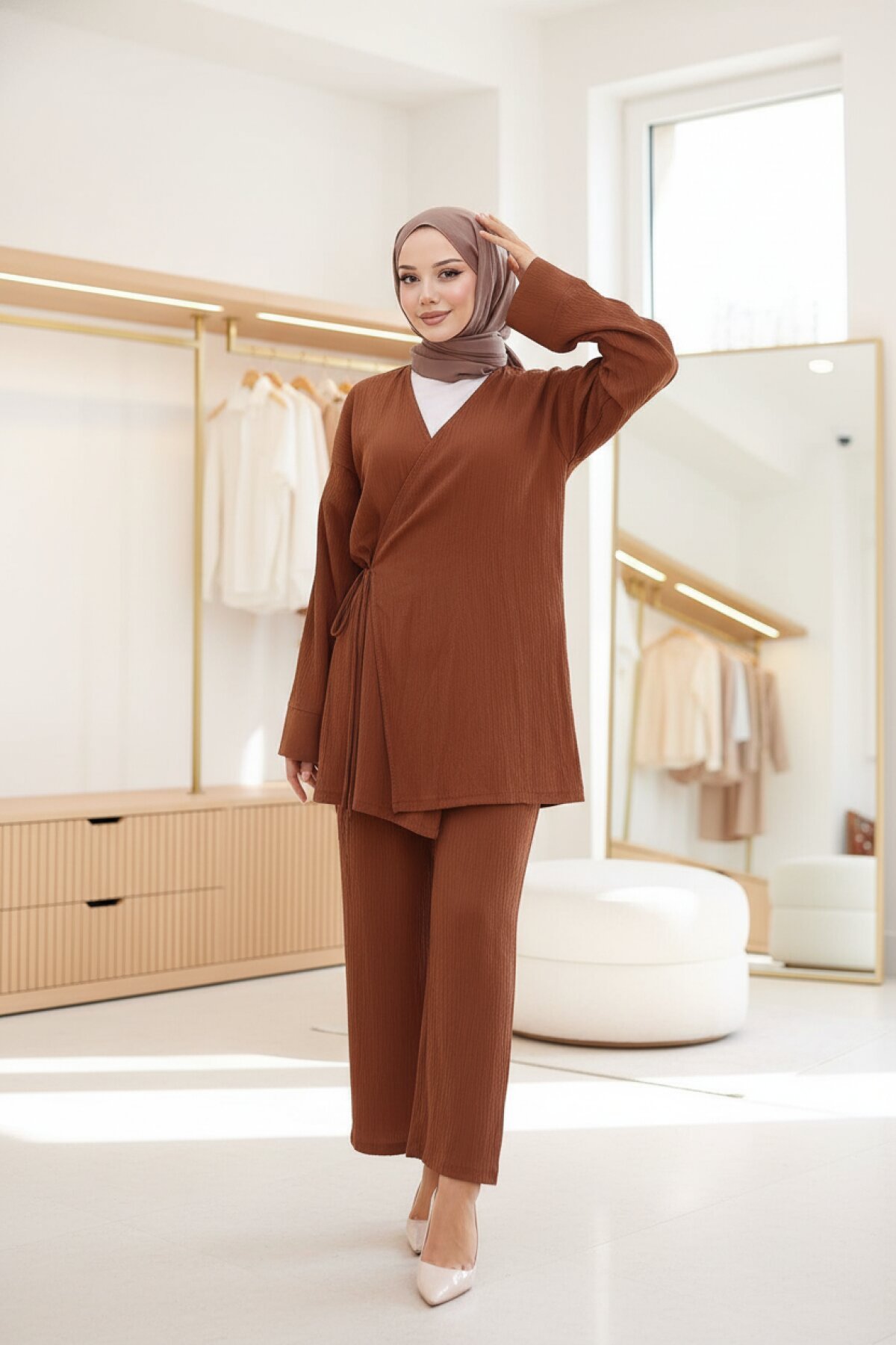Kimono Tie-Detail Modest Set - Brown - Misskayle