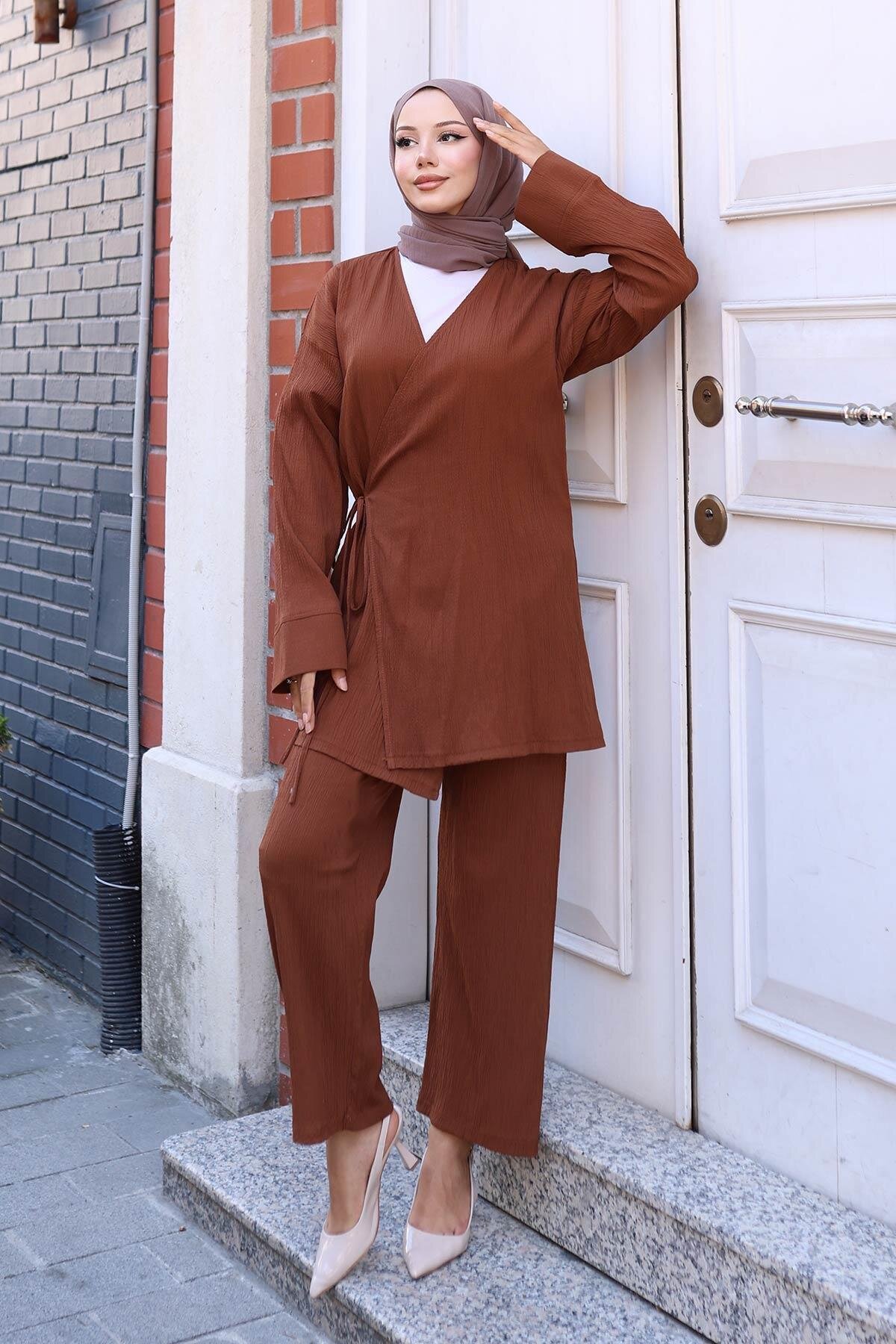 Kimono Tie-Detail Modest Set - Brown - Misskayle
