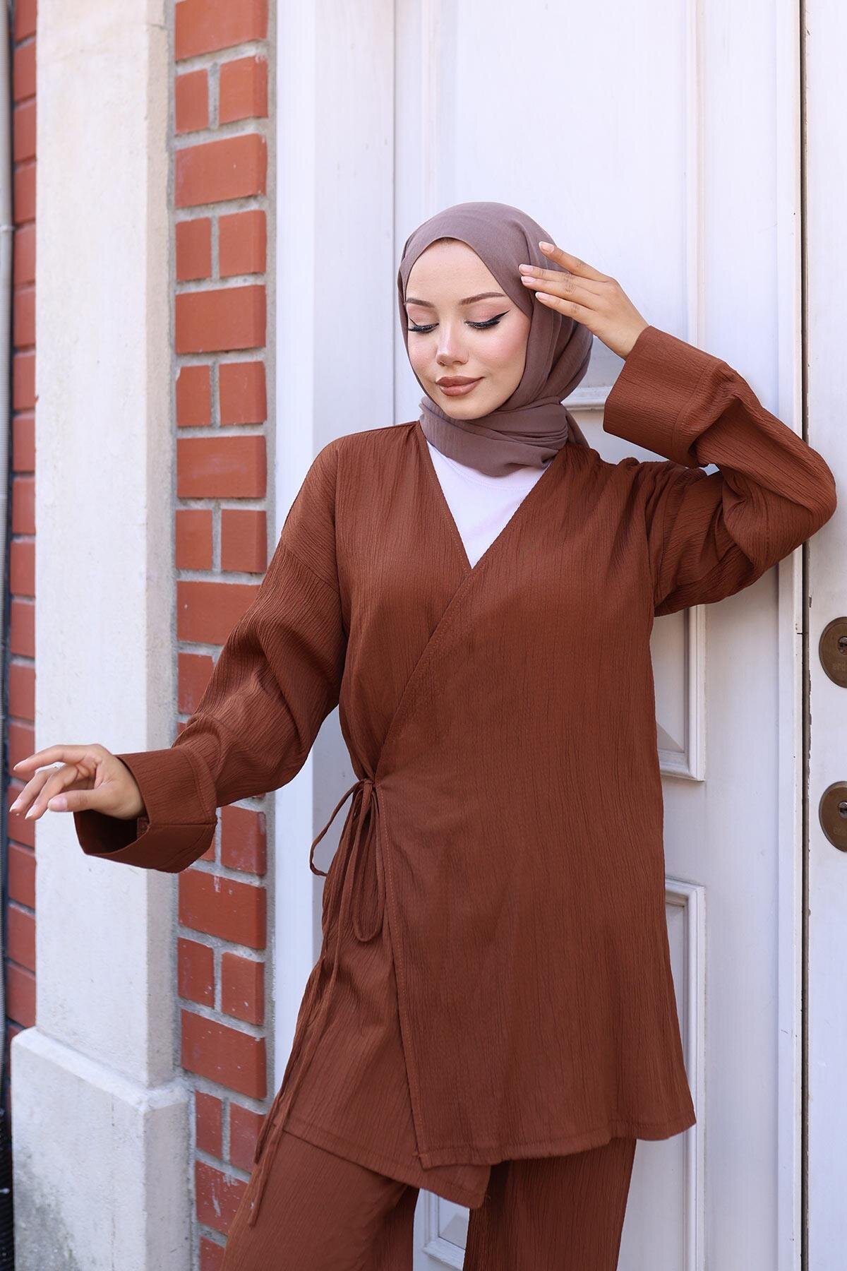 Kimono Tie-Detail Modest Set - Brown - Misskayle