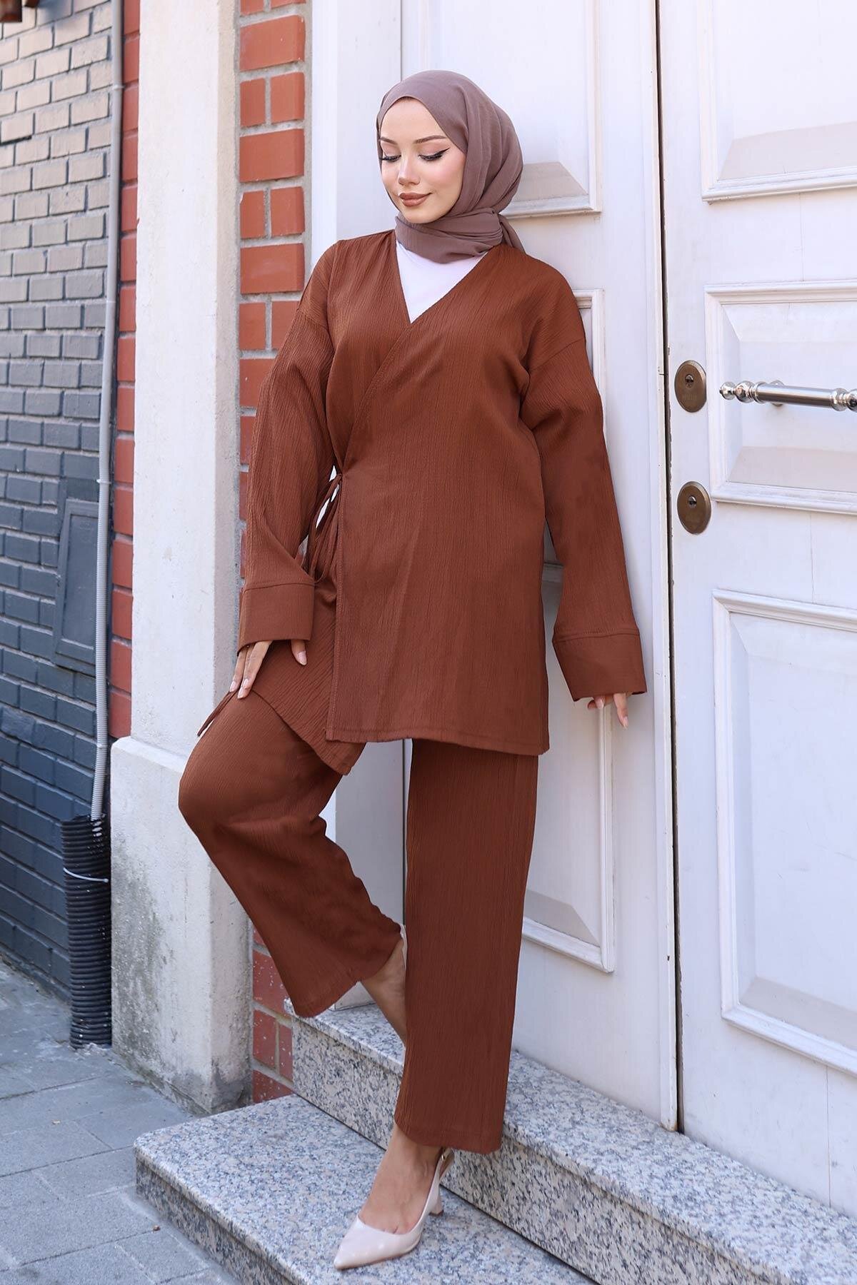 Kimono Tie-Detail Modest Set - Brown - Misskayle