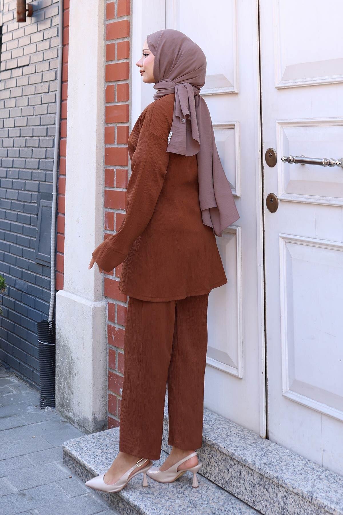 Kimono Tie-Detail Modest Set - Brown - Misskayle