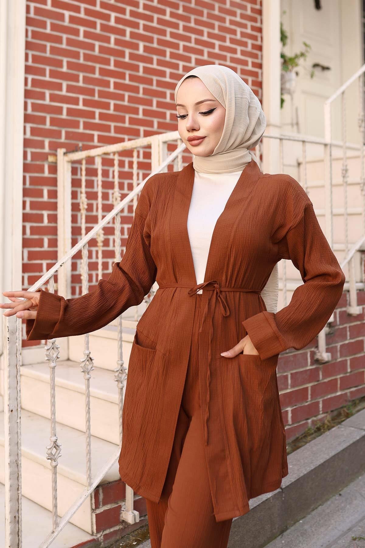 Kimono Pocket-Detail Modest Set - Brown - Misskayle