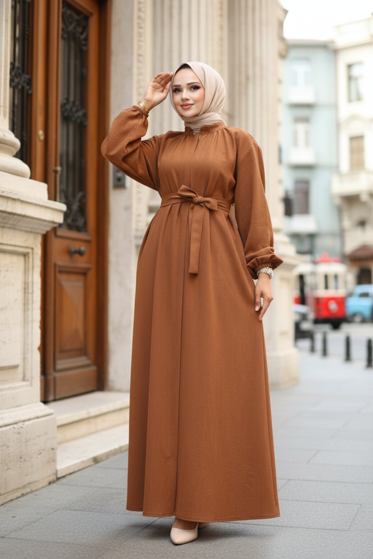 Belted Hidden Zipper Abaya - Brown - Misskayle