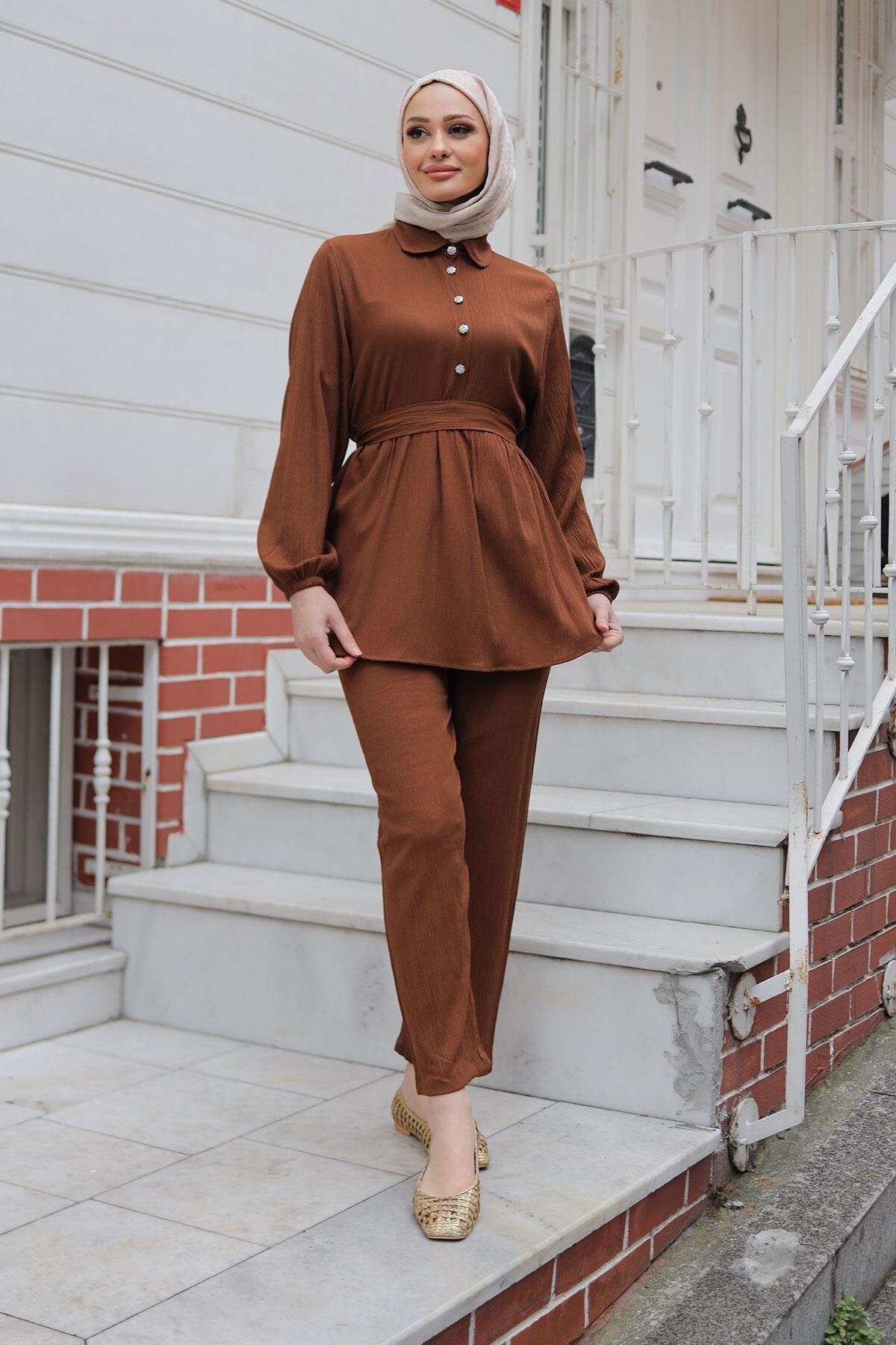 Stone Button Detail Modest Set - Brown - Misskayle