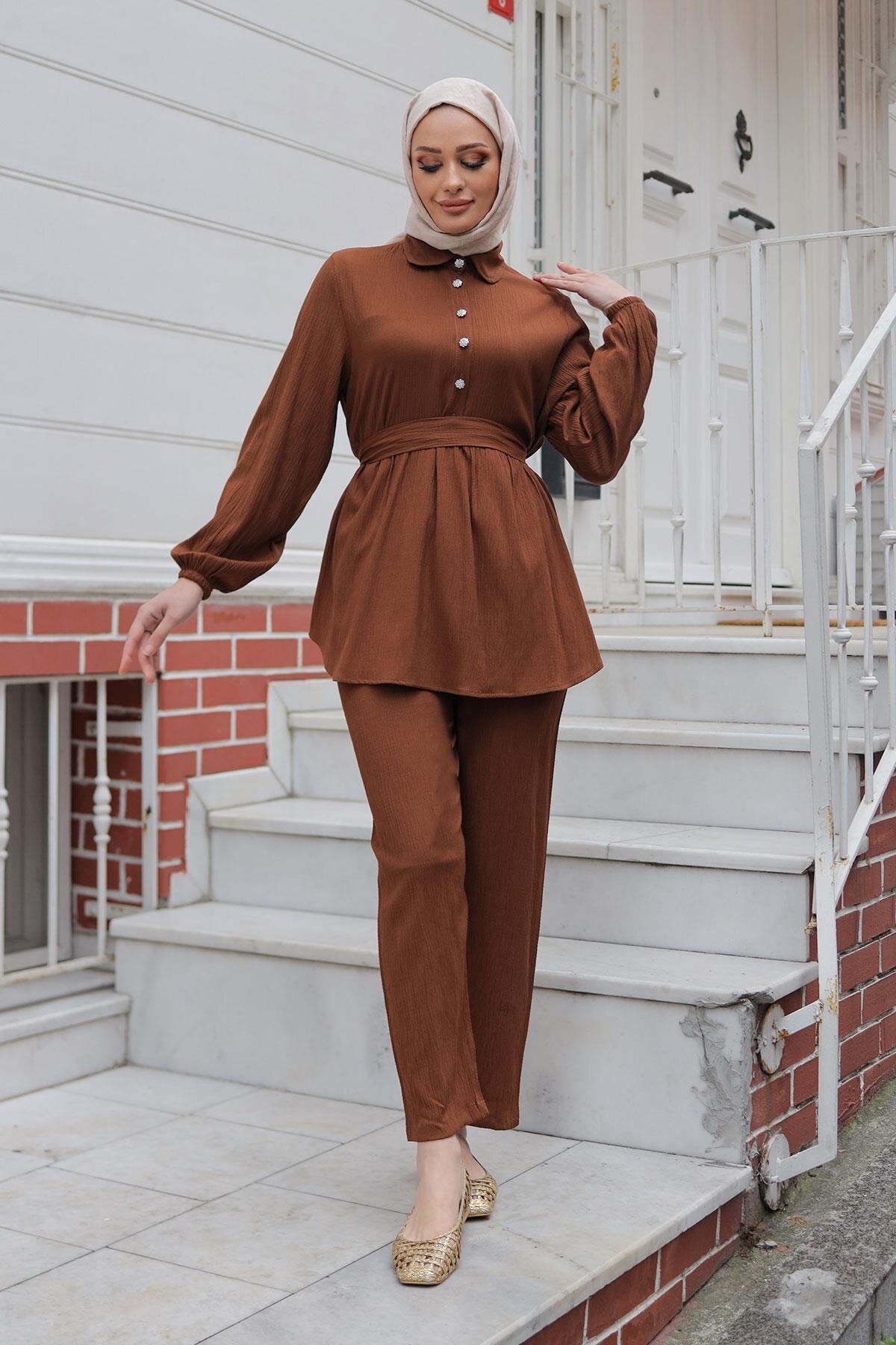 Stone Button Detail Modest Set - Brown - Misskayle
