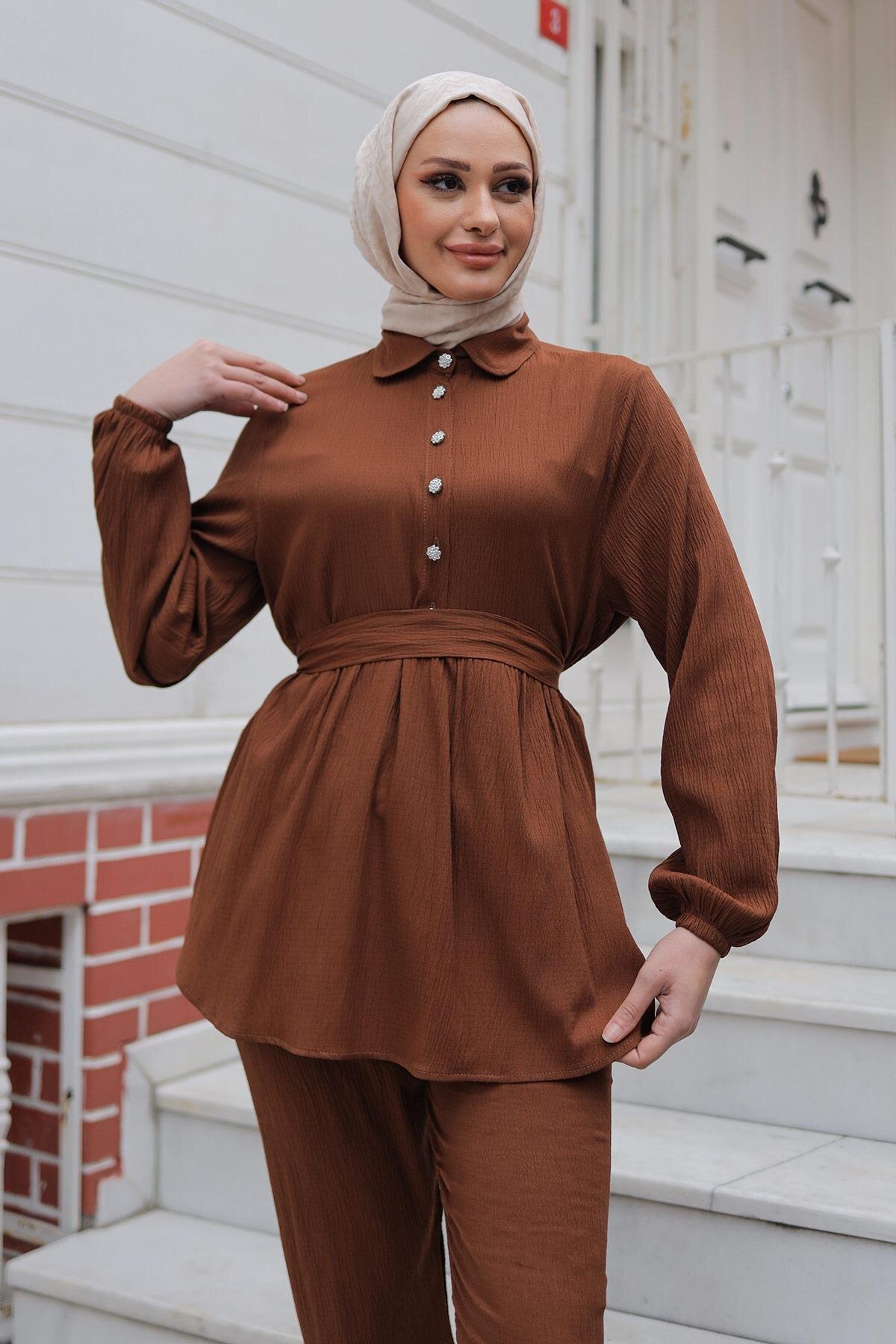 Stone Button Detail Modest Set - Brown - Misskayle