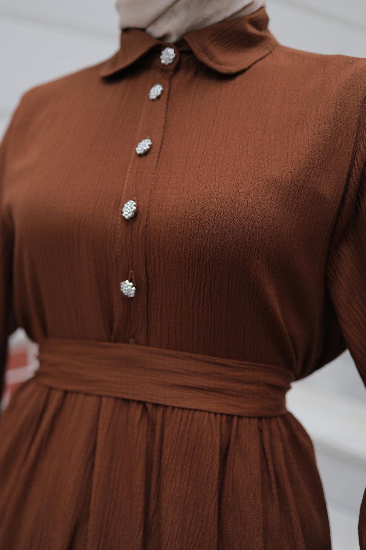 Stone Button Detail Modest Set - Brown - Misskayle