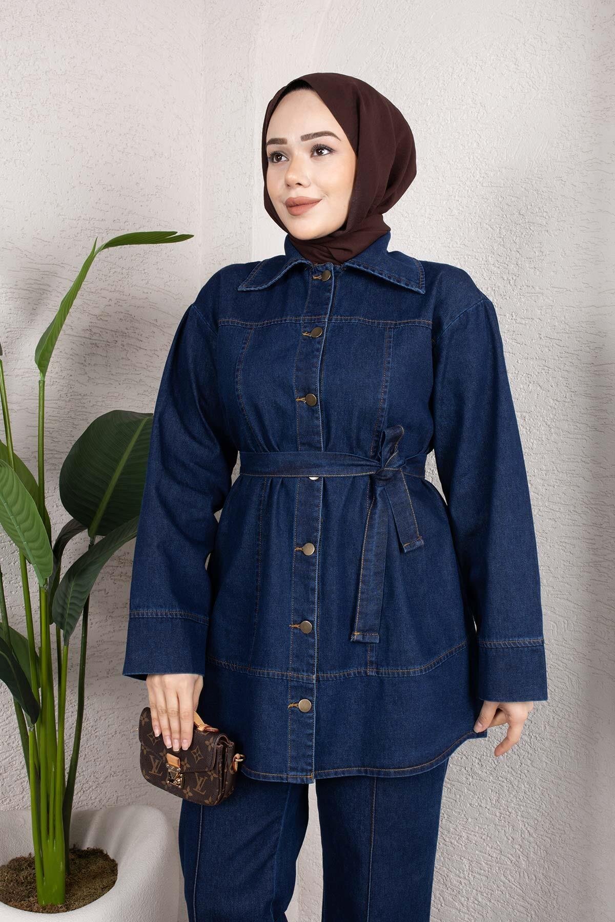 Koyu Mavi Denim Rahat Kesim Kuşaklı Düğmeli Tesettür Takım - Misskayle