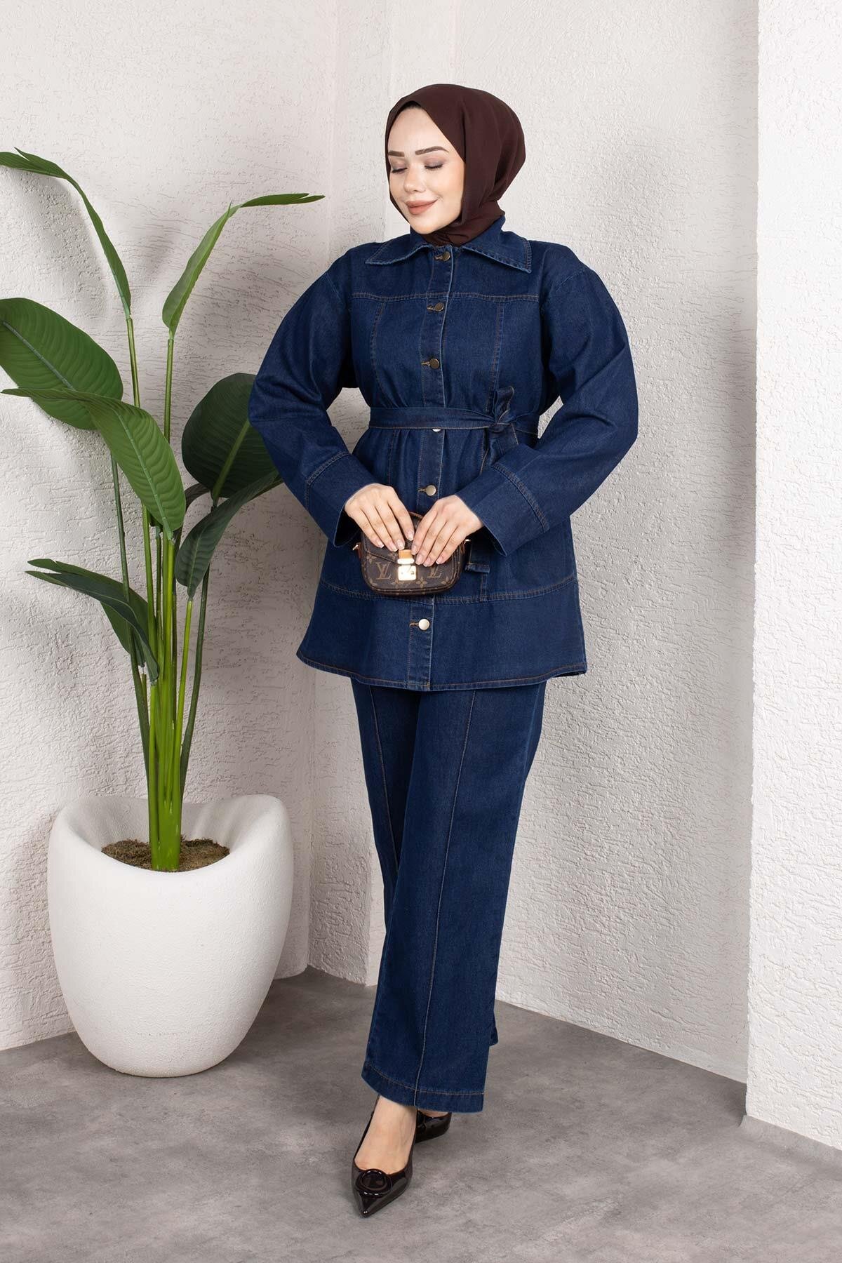 Koyu Mavi Denim Rahat Kesim Kuşaklı Düğmeli Tesettür Takım - Misskayle