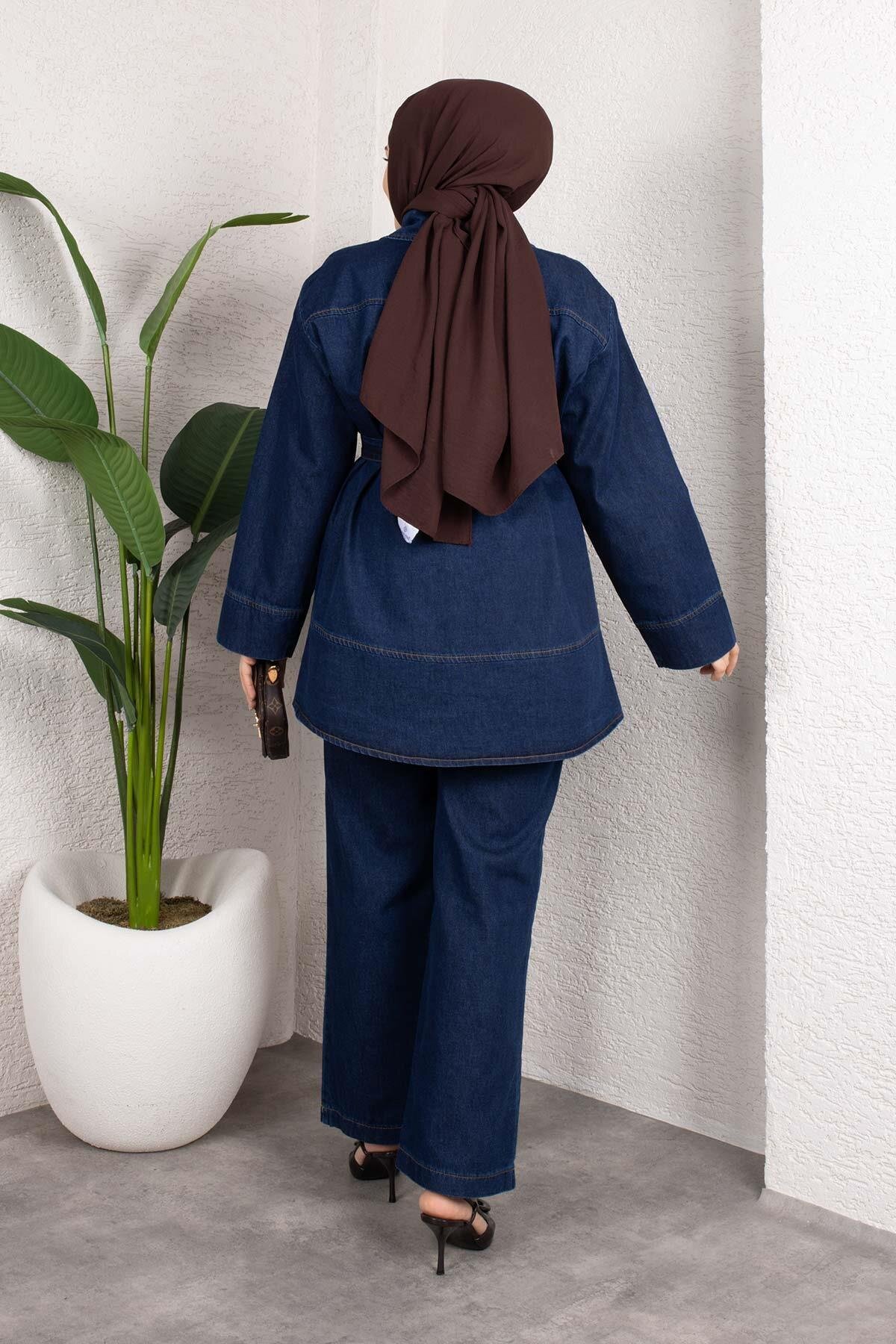 Koyu Mavi Denim Rahat Kesim Kuşaklı Düğmeli Tesettür Takım - Misskayle