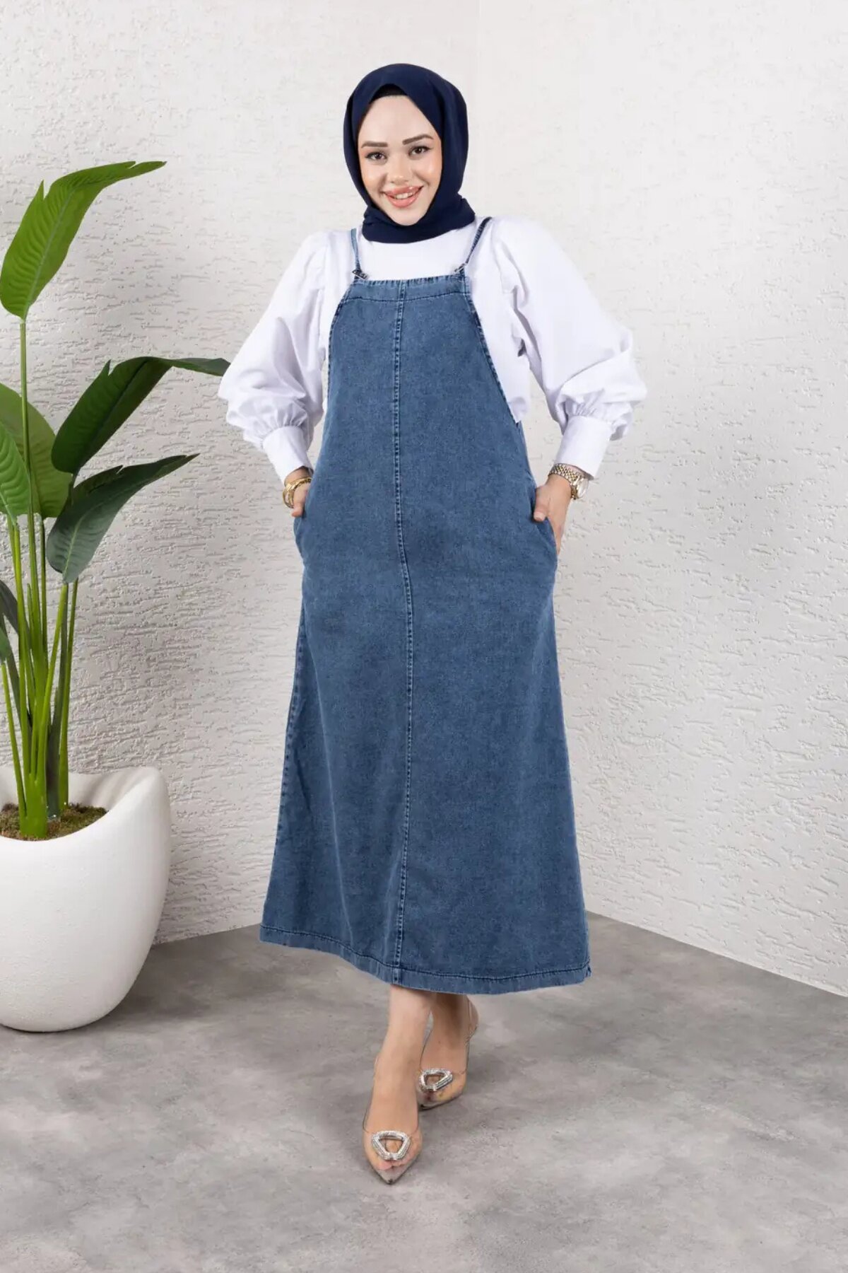 Relaxed Fit Denim Modest Pinafore Dress - Dark Blue - Misskayle