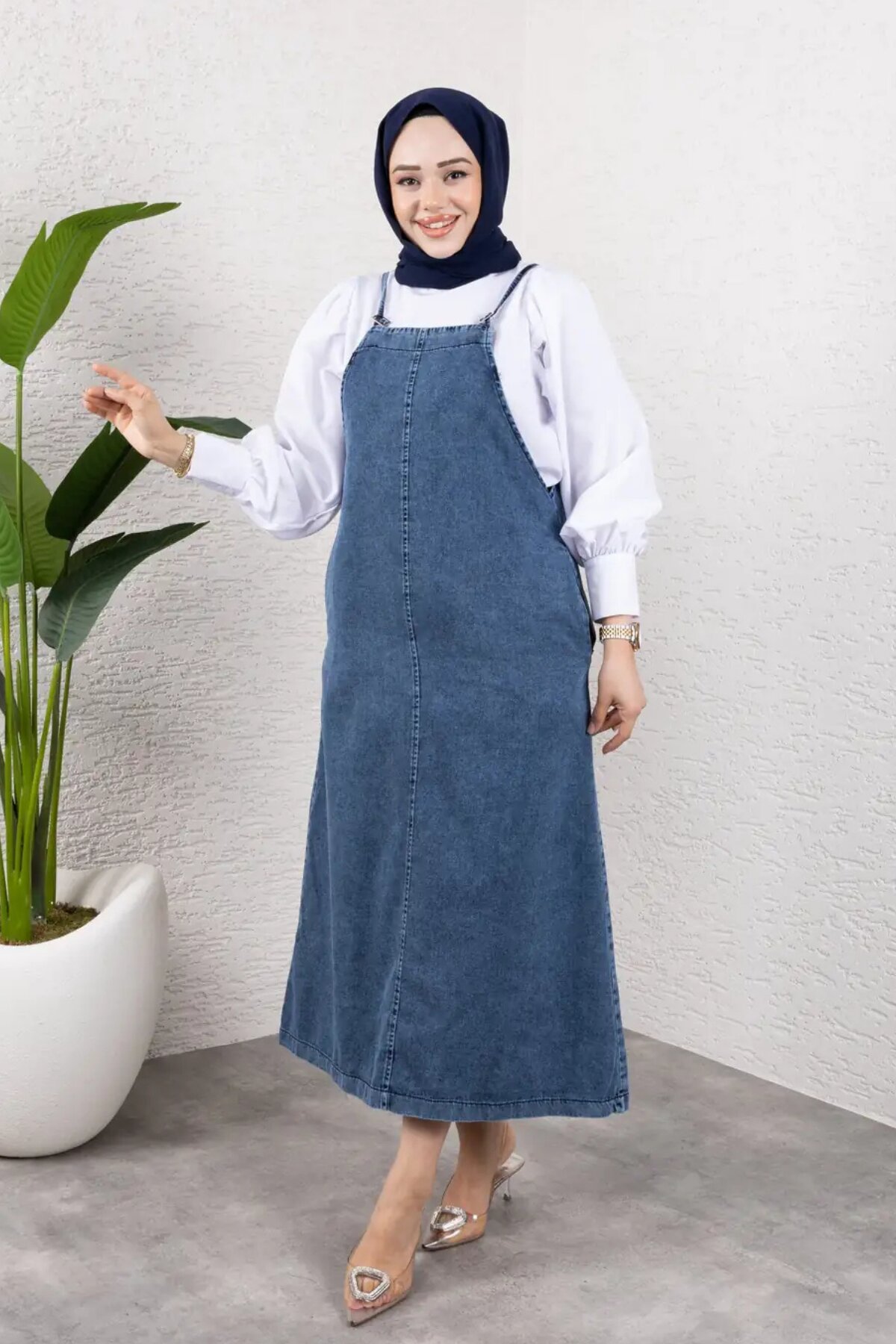 Relaxed Fit Denim Modest Pinafore Dress - Dark Blue - Misskayle