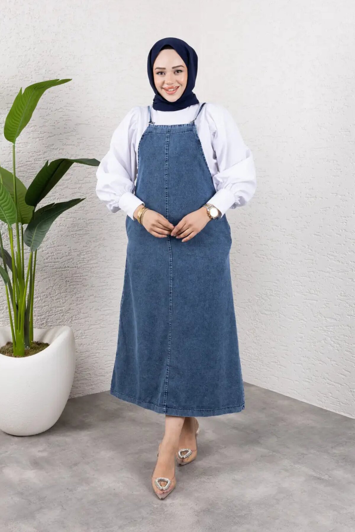 Relaxed Fit Denim Modest Pinafore Dress - Dark Blue - Misskayle