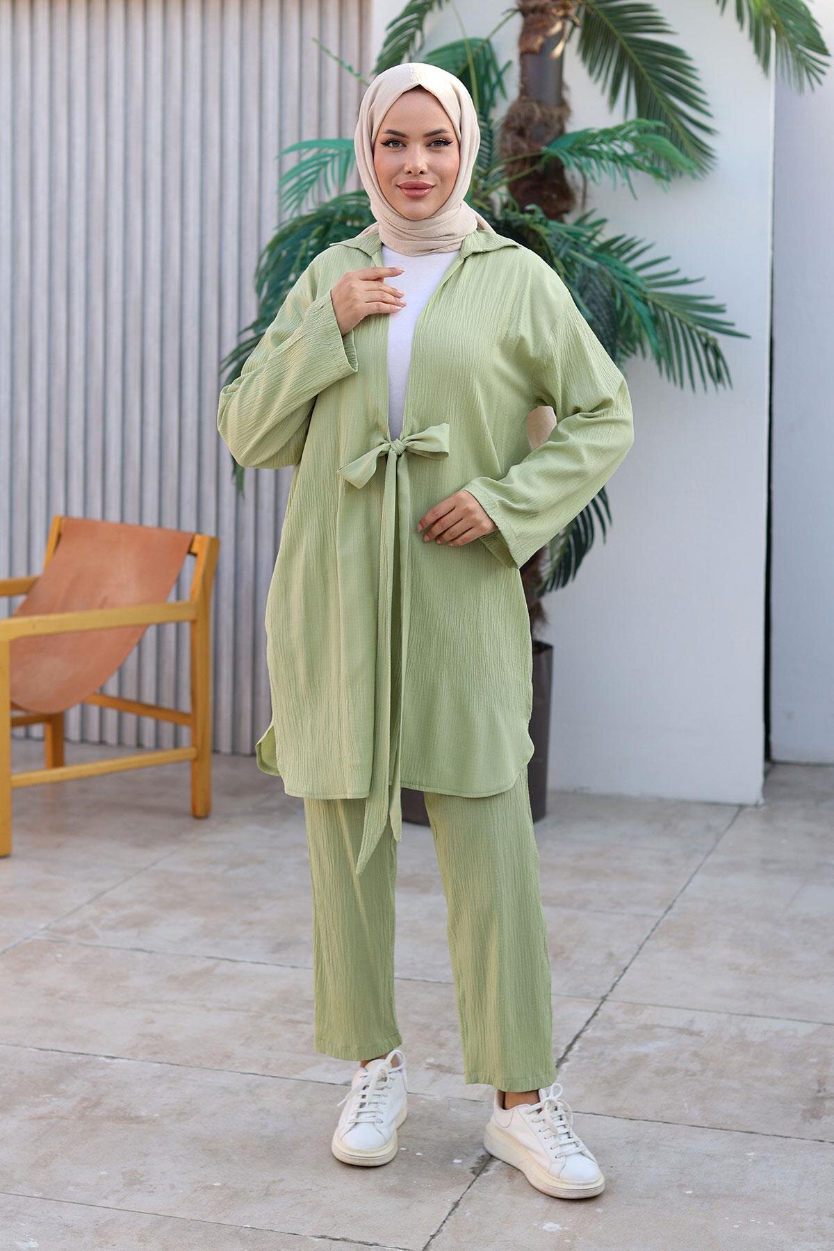 Kimono Tie-Detail Modest Set - Mint Green - Misskayle
